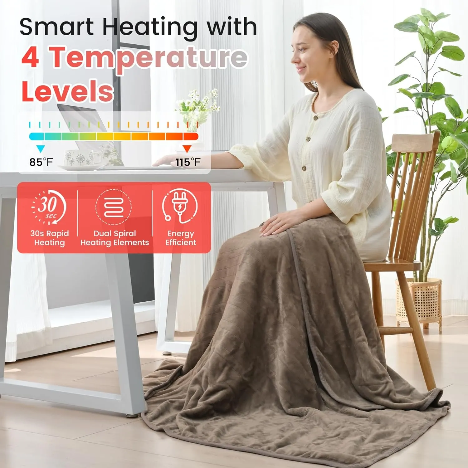 Sunable Heated Electric Throw - Machine Washable Soft Comfortable Heating Blanket with 4 Heat Settings 50×60 inches Taupe - Velvet