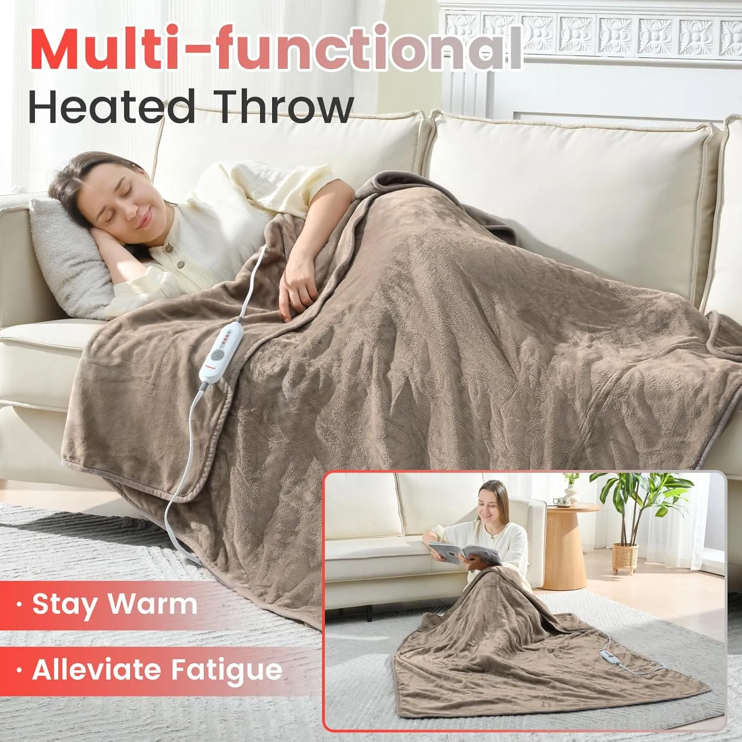 Sunable Heated Electric Throw - Machine Washable Soft Comfortable Heating Blanket with 4 Heat Settings 50×60 inches Taupe - Velvet