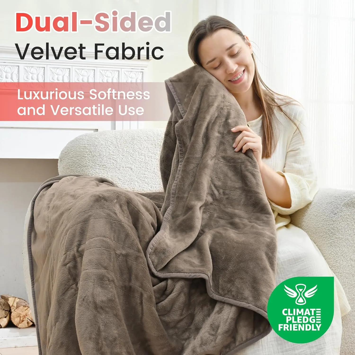 Sunable Heated Electric Throw - Machine Washable Soft Comfortable Heating Blanket with 4 Heat Settings 50×60 inches Taupe - Velvet