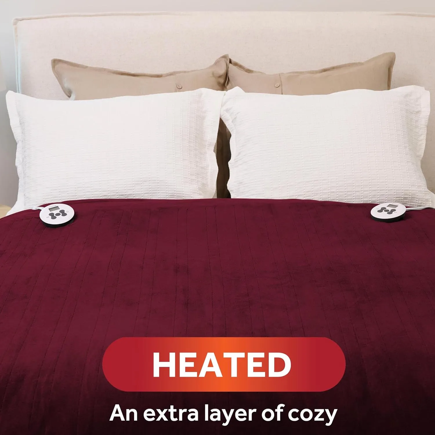 Sunbeam Electric Royal Luxe Microplush Heated Blanket 12 Heat Settings, 12-Hour Selectable Auto Shut-Off, Fast Heating, Warm and Cozy, Dark Cherry Color, Queen, 90" x 84"