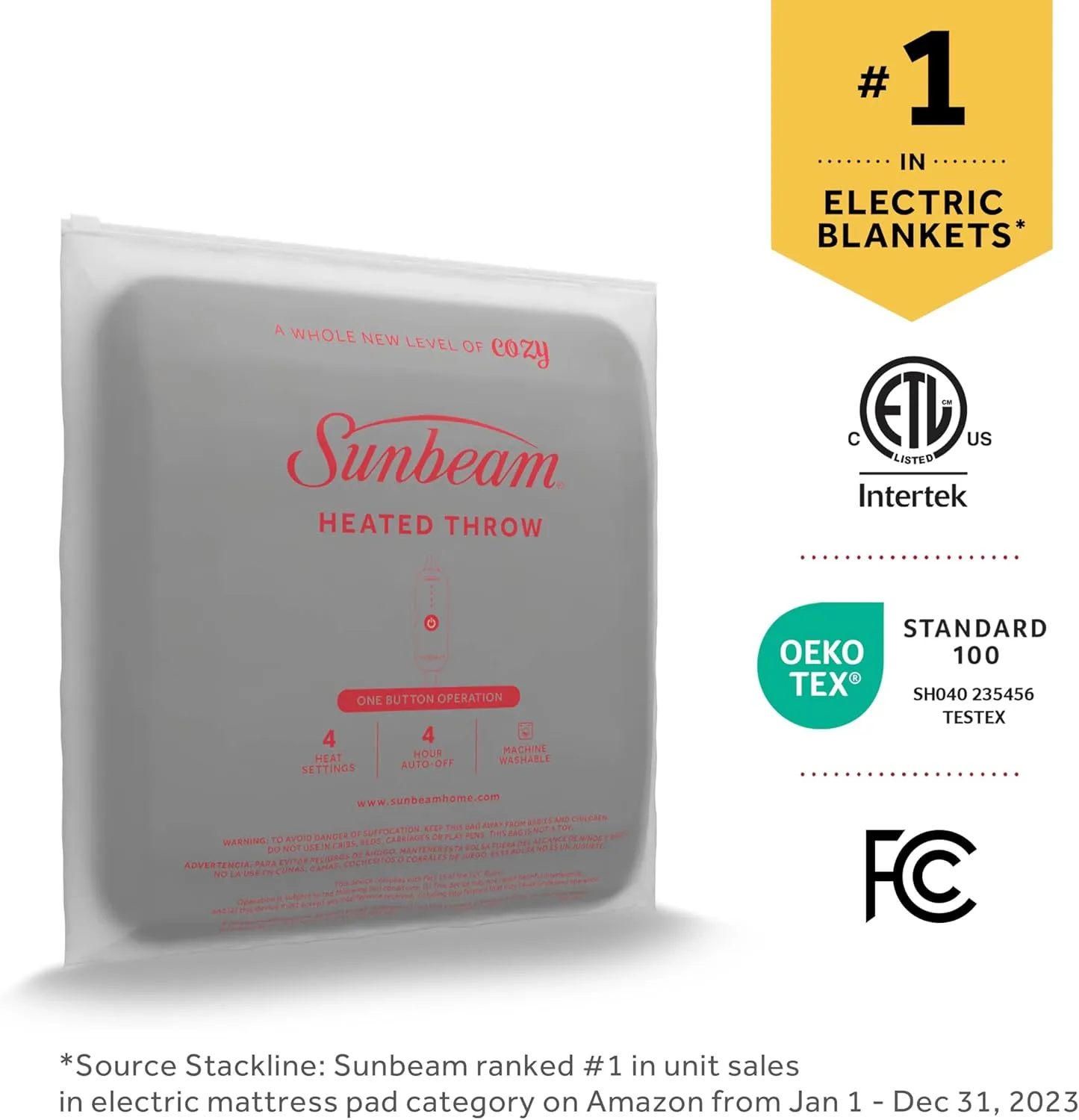 Sunbeam Electric Throw, Soft, Warm, Flannel Heated Blanket, 4 Heat Settings, 4-Hour Auto Shut-Off, Fast Heating, Comfy and Cozy, Grey Color, 50" x 60"