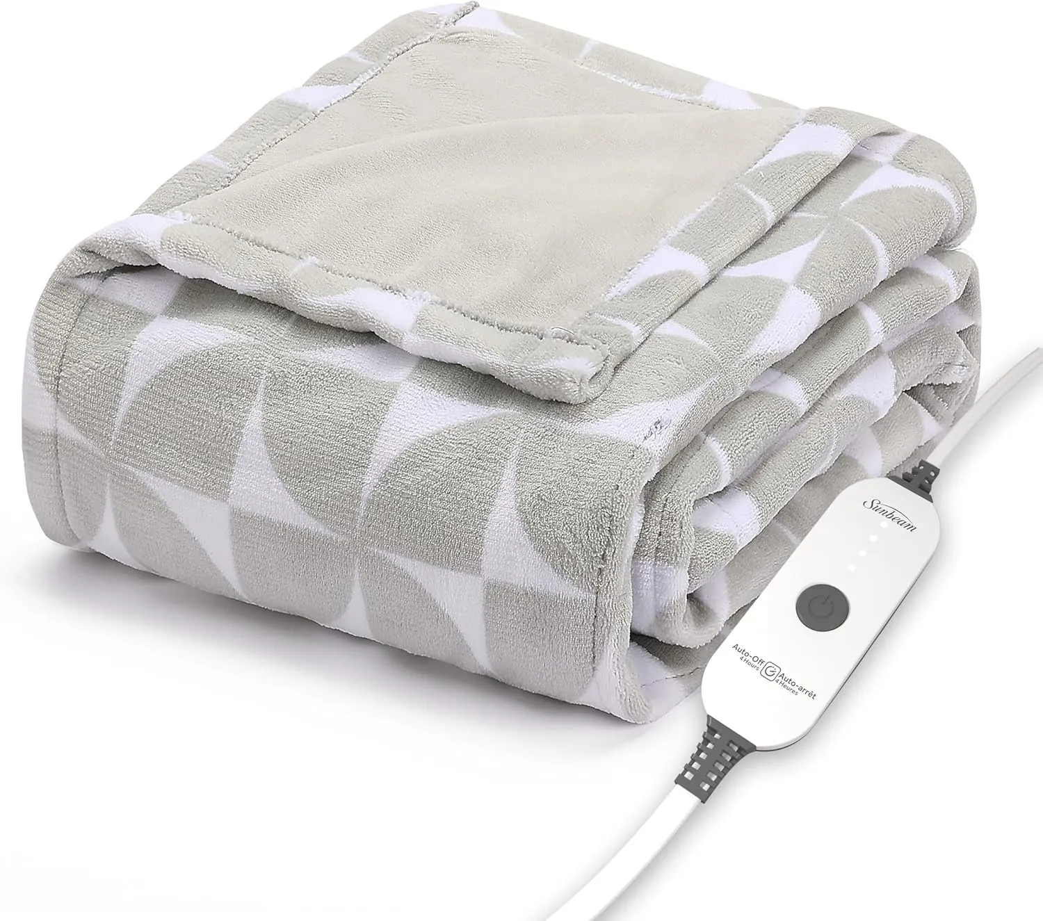 Sunbeam Royal Luxe Microplush Heated Throw Electric Blanket, 50" x 60", 4-Hour Auto Shut-Off,Fast Heating, Machine Washable, Warm and Cozy, Grey Geometric