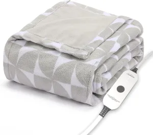 Sunbeam Royal Luxe Microplush Heated Throw Electric Blanket, 50" x 60", 4-Hour Auto Shut-Off,Fast Heating, Machine Washable, Warm and Cozy, Grey Geometric