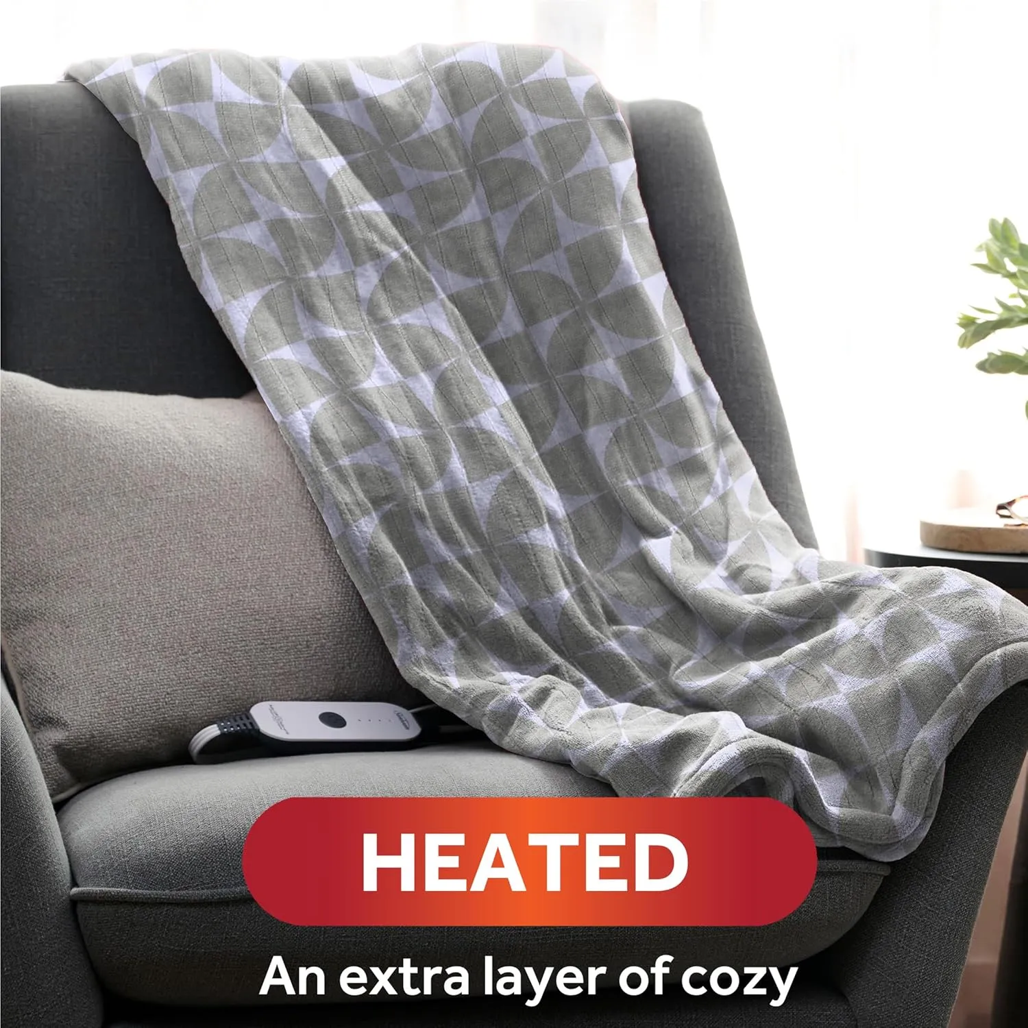 Sunbeam Royal Luxe Microplush Heated Throw Electric Blanket, 50" x 60", 4-Hour Auto Shut-Off,Fast Heating, Machine Washable, Warm and Cozy, Grey Geometric