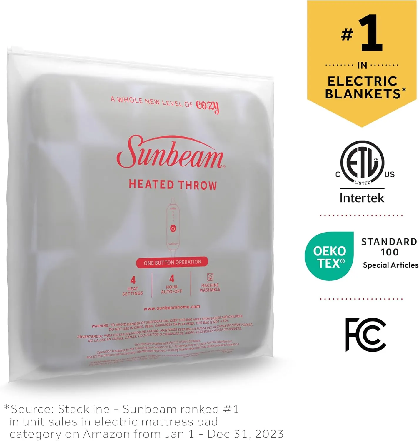 Sunbeam Royal Luxe Microplush Heated Throw Electric Blanket, 50" x 60", 4-Hour Auto Shut-Off,Fast Heating, Machine Washable, Warm and Cozy, Grey Geometric