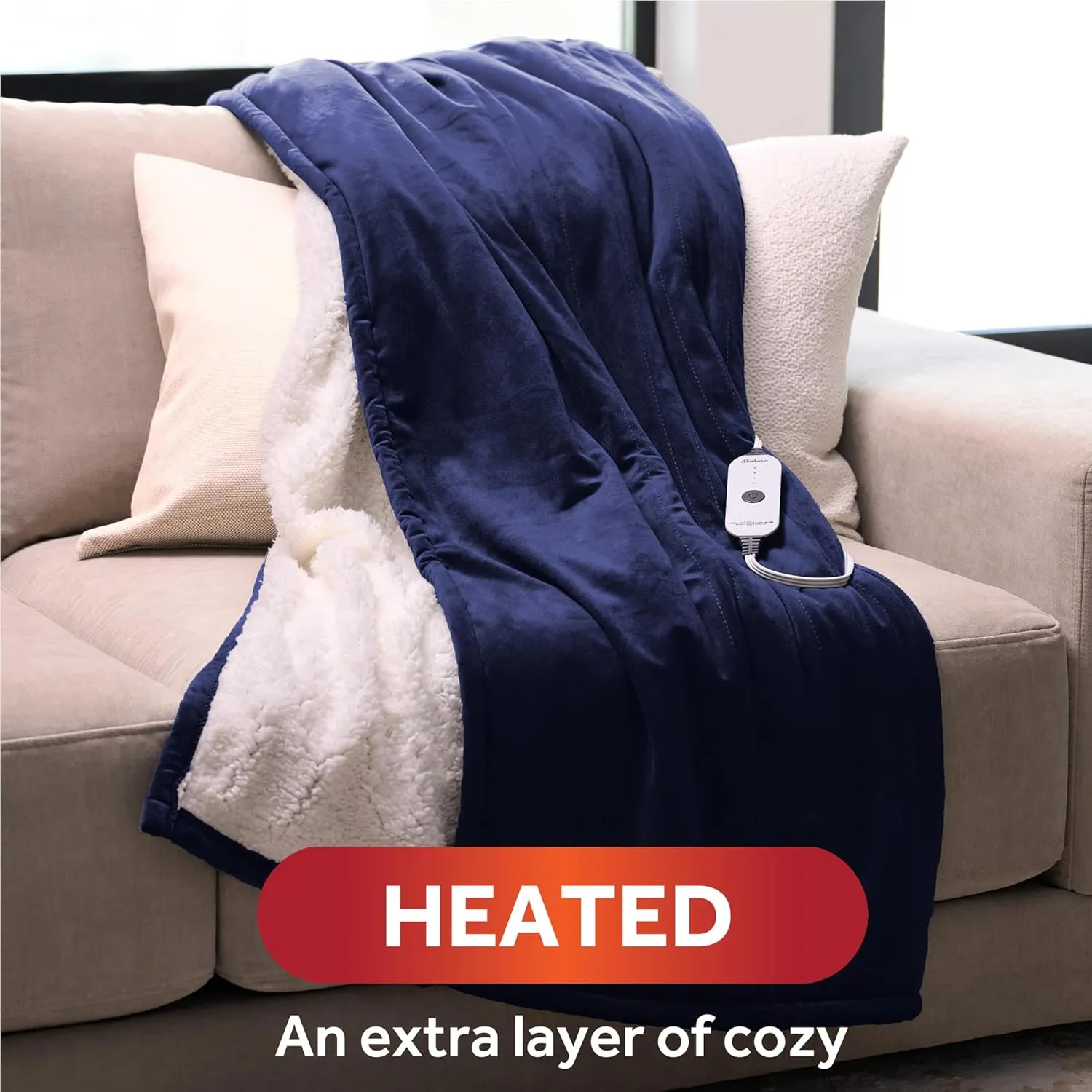 Sunbeam Royal Mink Sherpa Admiral Blue Heated Personal Throw / Blanket, Cozy-Warm, Adjustable Heat Settings