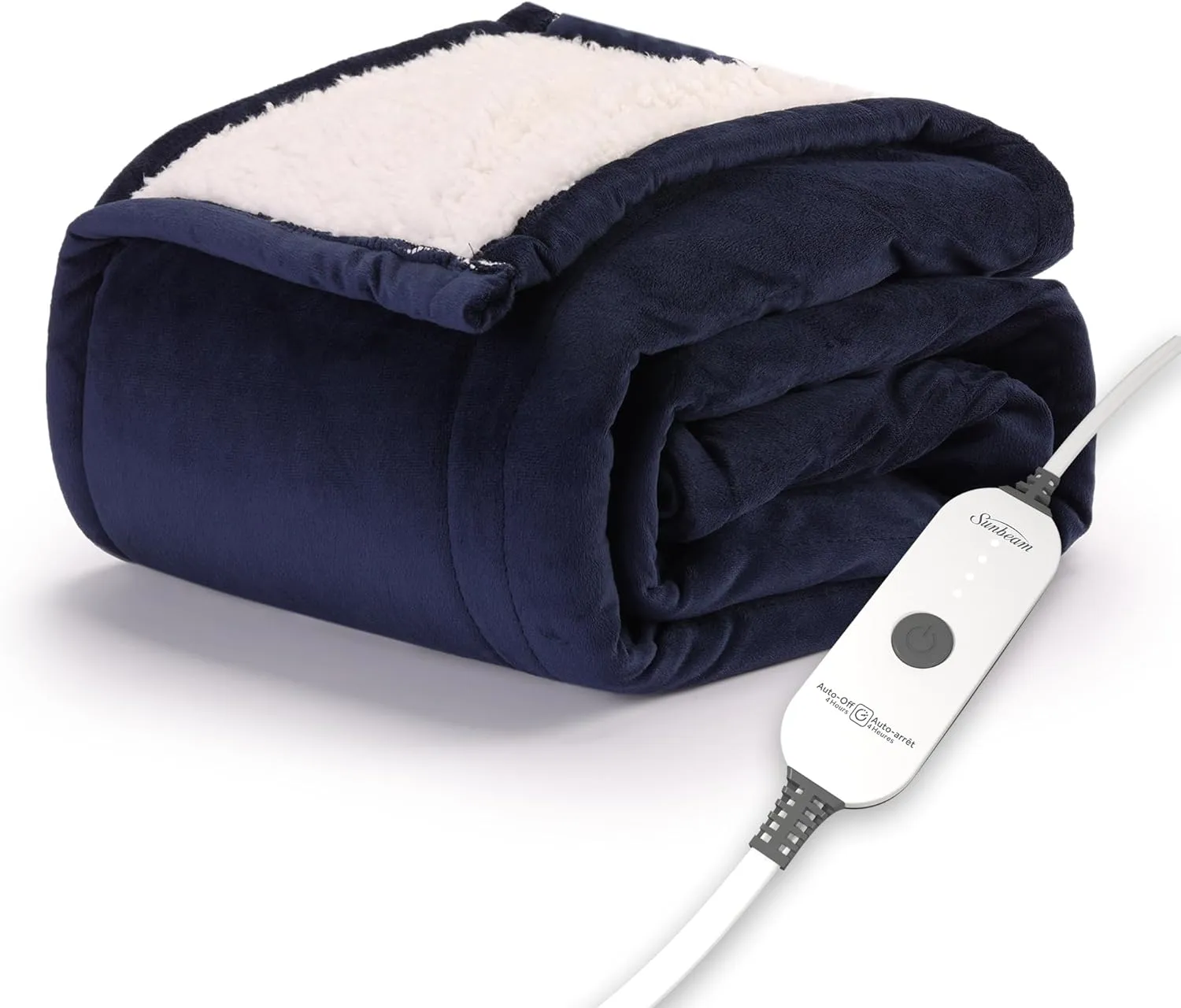 Sunbeam Royal Mink Sherpa Admiral Blue Heated Personal Throw / Blanket, Cozy-Warm, Adjustable Heat Settings