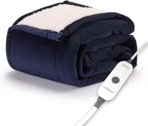 Sunbeam Royal Mink Sherpa Admiral Blue Heated Personal Throw / Blanket, Cozy-Warm, Adjustable Heat Settings