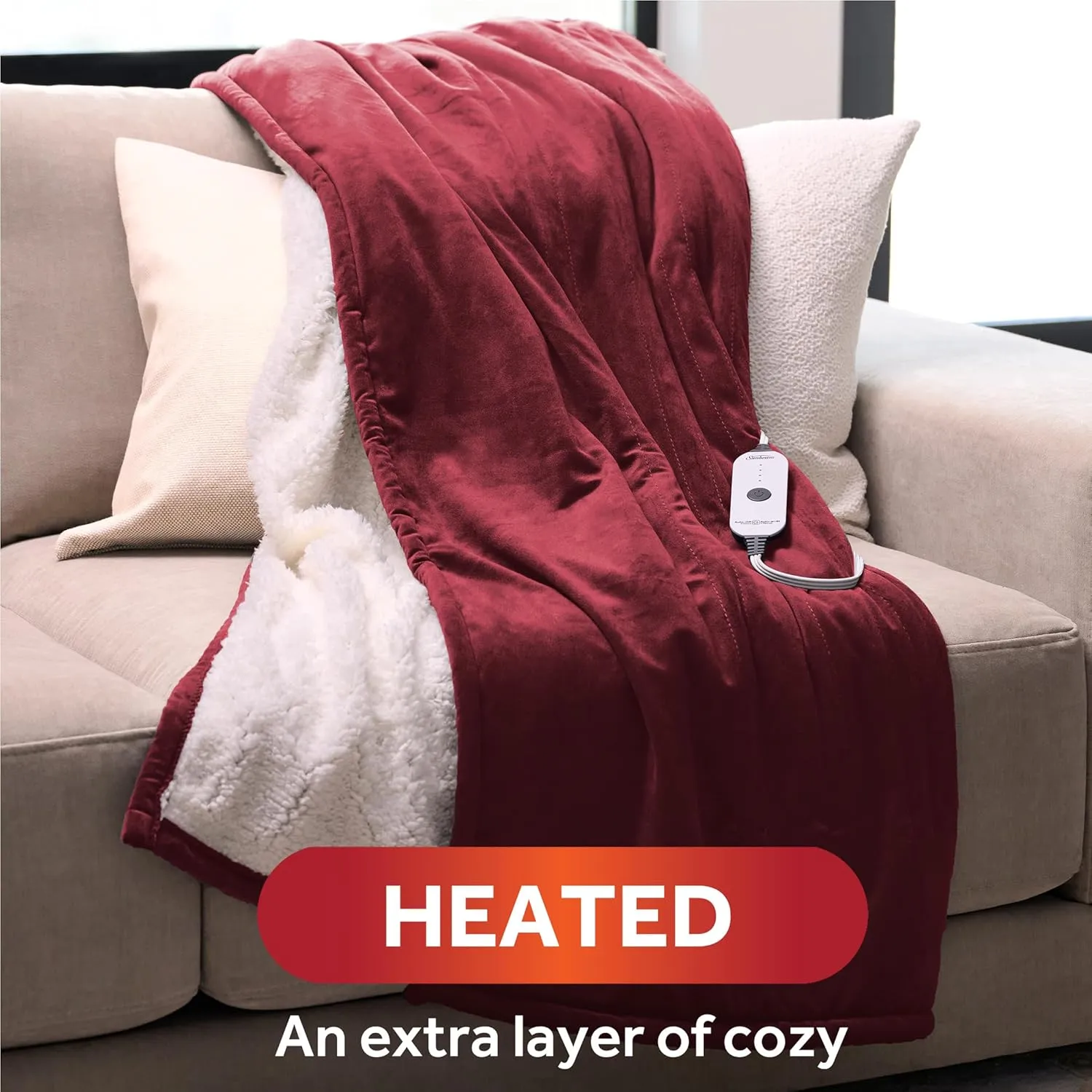 Sunbeam Royal Mink Sherpa Cabernet Heated Personal Throw / Blanket, Cozy-Warm, Adjustable Heat Settings