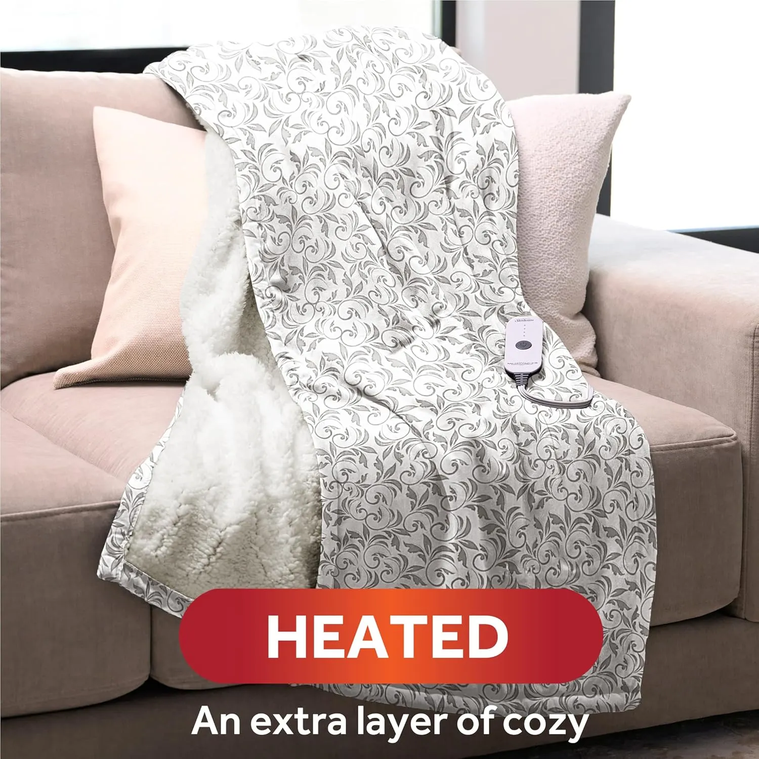 Sunbeam Royal Mink Sherpa Heated Throw Electric Blanket, 50" x 60", 4 Heat Settings, 4-Hour Auto Shut-Off, Warming Throw for Couch, Fast Heating, Machine Washable, Warm and Cozy, Grey Cape Paisley