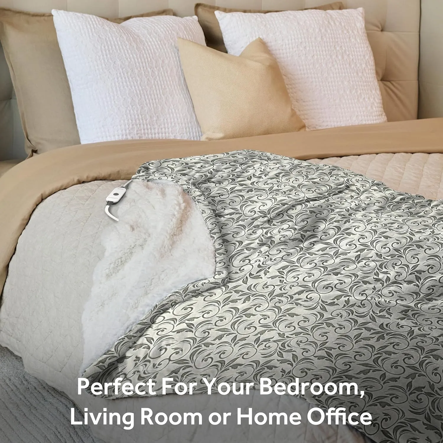 Sunbeam Royal Mink Sherpa Heated Throw Electric Blanket, 50" x 60", 4 Heat Settings, 4-Hour Auto Shut-Off, Warming Throw for Couch, Fast Heating, Machine Washable, Warm and Cozy, Grey Cape Paisley