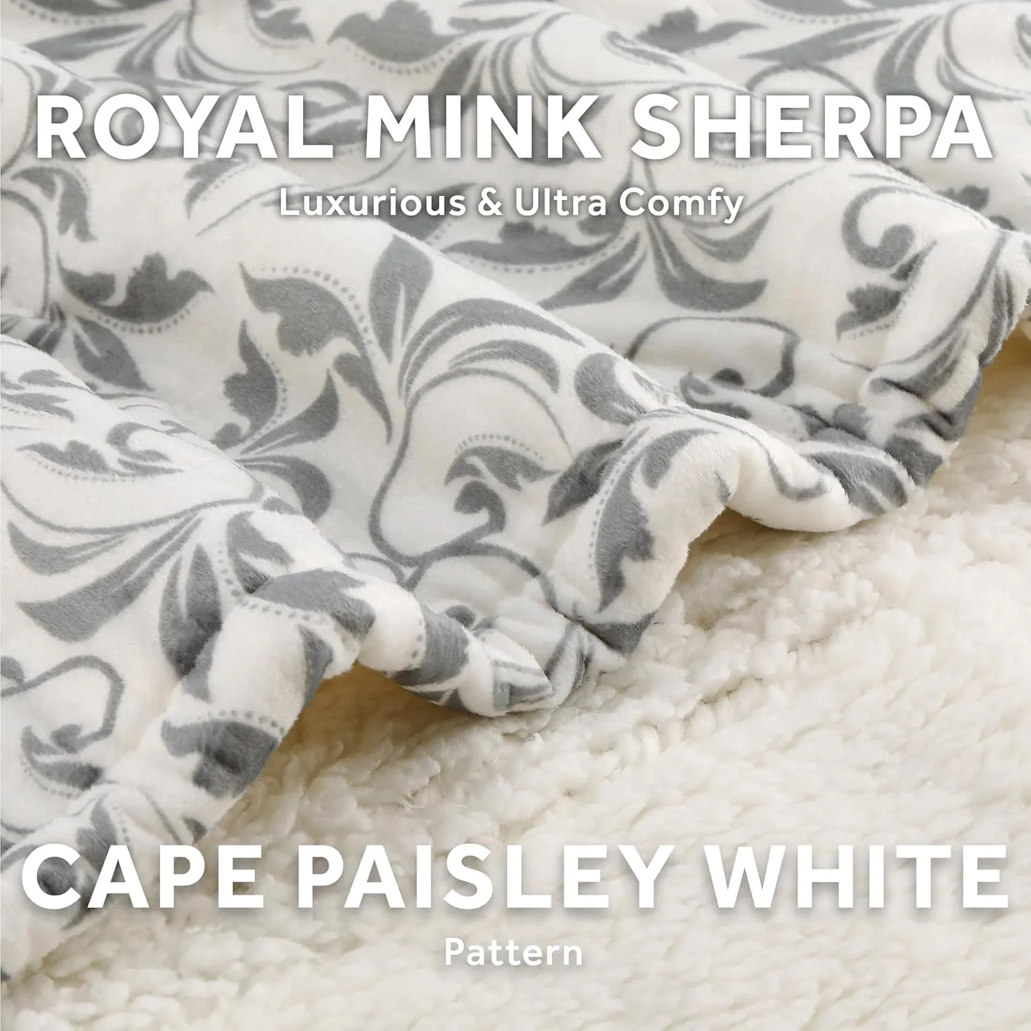 Sunbeam Royal Mink Sherpa Heated Throw Electric Blanket, 50" x 60", 4 Heat Settings, 4-Hour Auto Shut-Off, Warming Throw for Couch, Fast Heating, Machine Washable, Warm and Cozy, Grey Cape Paisley