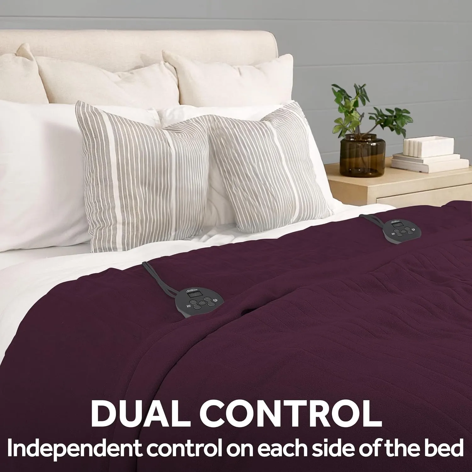 Sunbeam Royal Ultra Fleece Heated Electric Blanket King Size, 90" x 100", 12 Heat Settings, 12-Hour Selectable Auto Shut-Off, Fast Heating, Machine Washable, Warm and Cozy, Claret