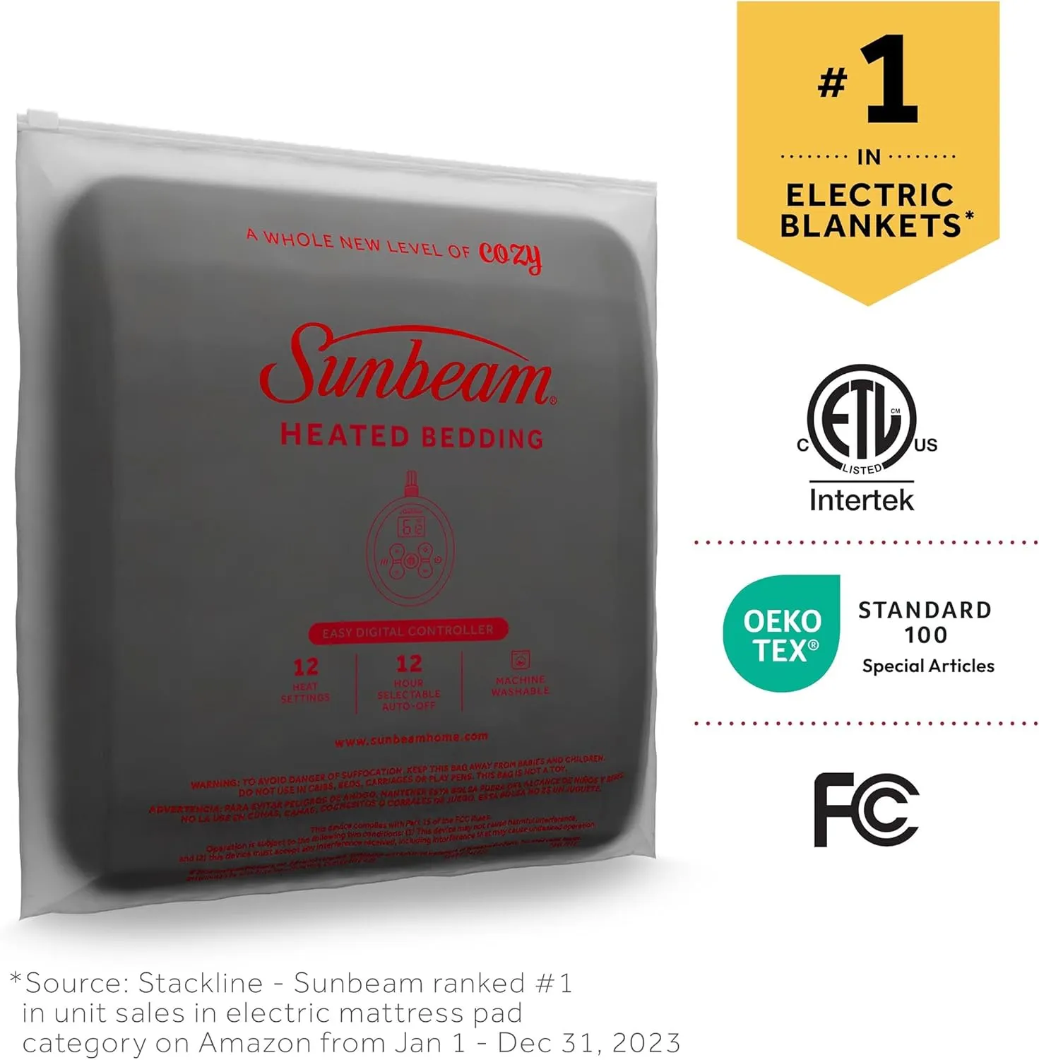 Sunbeam Royal Ultra Fleece Heated Electric Blanket Queen Size, 90" x 84", 12 Heat Settings, 12-Hour Selectable Auto Shut-Off, Fast Heating, Machine Washable, Warm and Cozy, Indigo