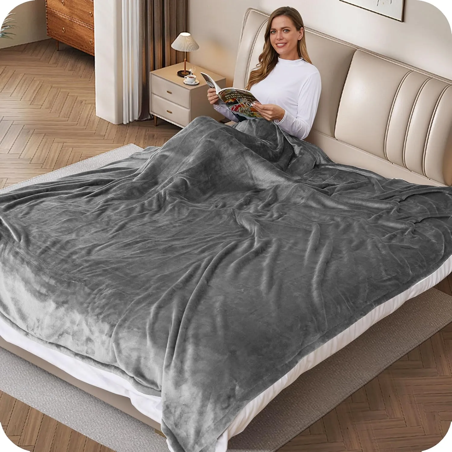 SUNNY HEAT Electric Heated Blanket 72"x84" Full Size Cozy Warm Double Sided Flannel with 4 Heating Levels & 10H Shut Off, Machine Washable Soft Blanket for Bed & Office, Light Grey