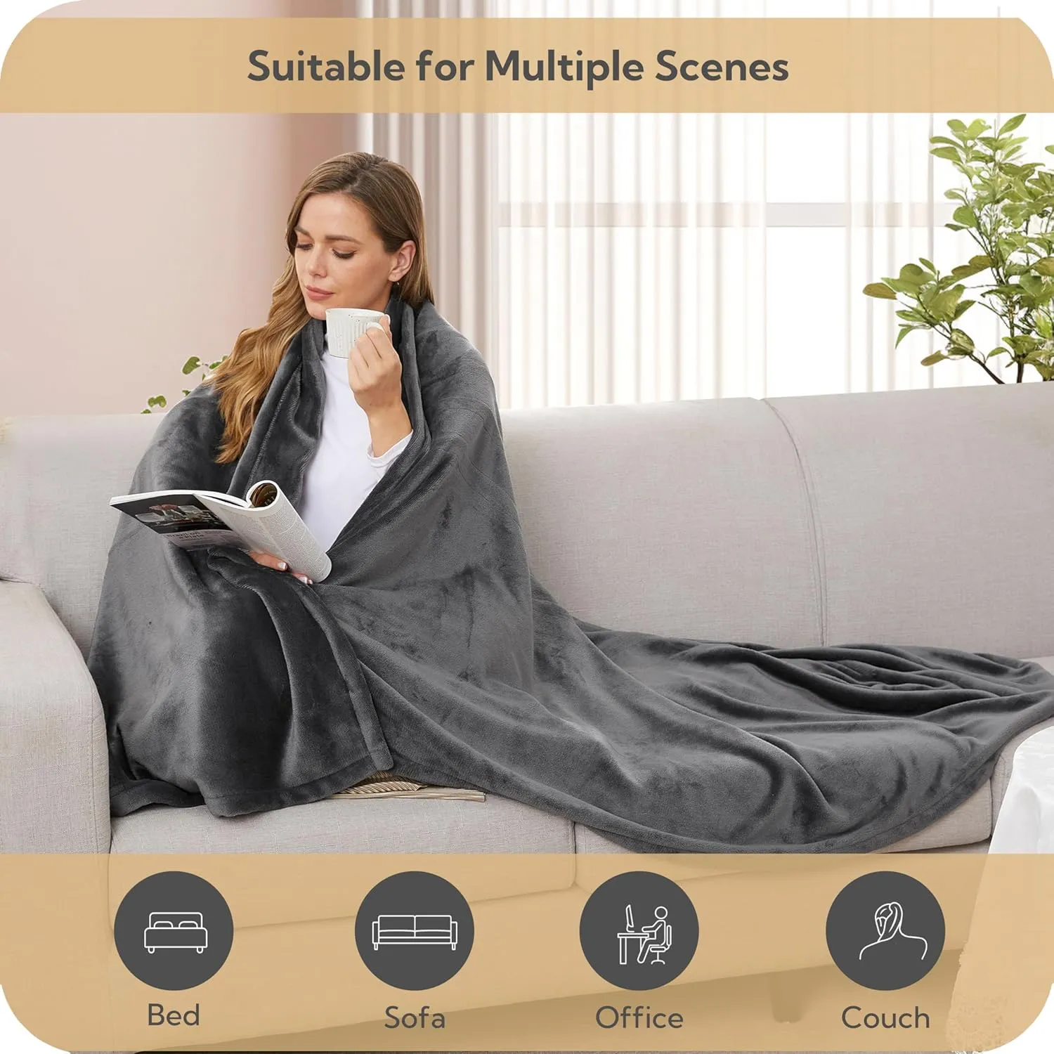 SUNNY HEAT Electric Heated Blanket 72"x84" Full Size Cozy Warm Double Sided Flannel with 4 Heating Levels & 10H Shut Off, Machine Washable Soft Blanket for Bed & Office, Light Grey