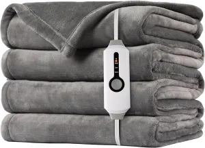 SUNNY HEAT Electric Heated Blanket 72"x84" Full Size Cozy Warm Double Sided Flannel with 4 Heating Levels & 10H Shut Off, Machine Washable Soft Blanket for Bed & Office, Light Grey