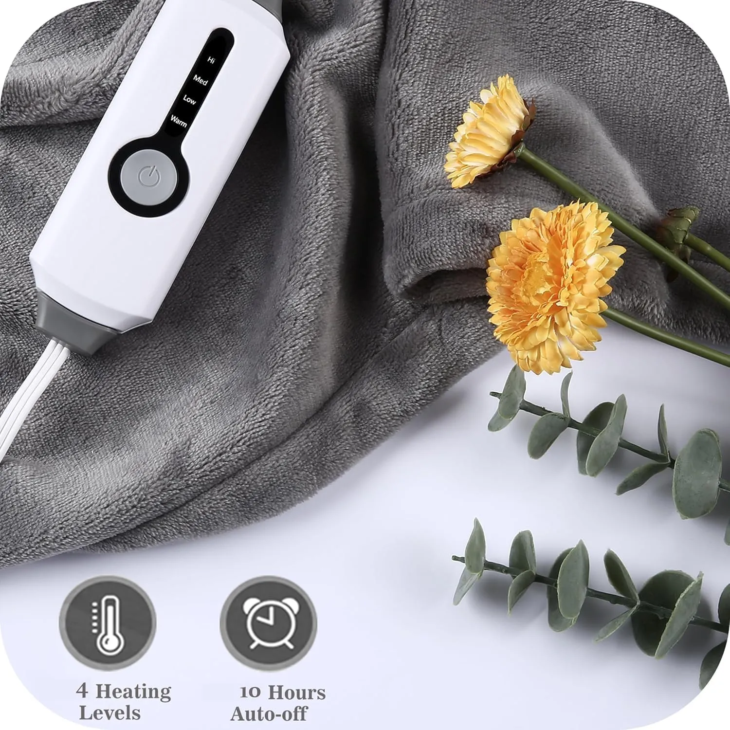 SUNNY HEAT Electric Heated Blanket 72"x84" Full Size Cozy Warm Double Sided Flannel with 4 Heating Levels & 10H Shut Off, Machine Washable Soft Blanket for Bed & Office, Light Grey