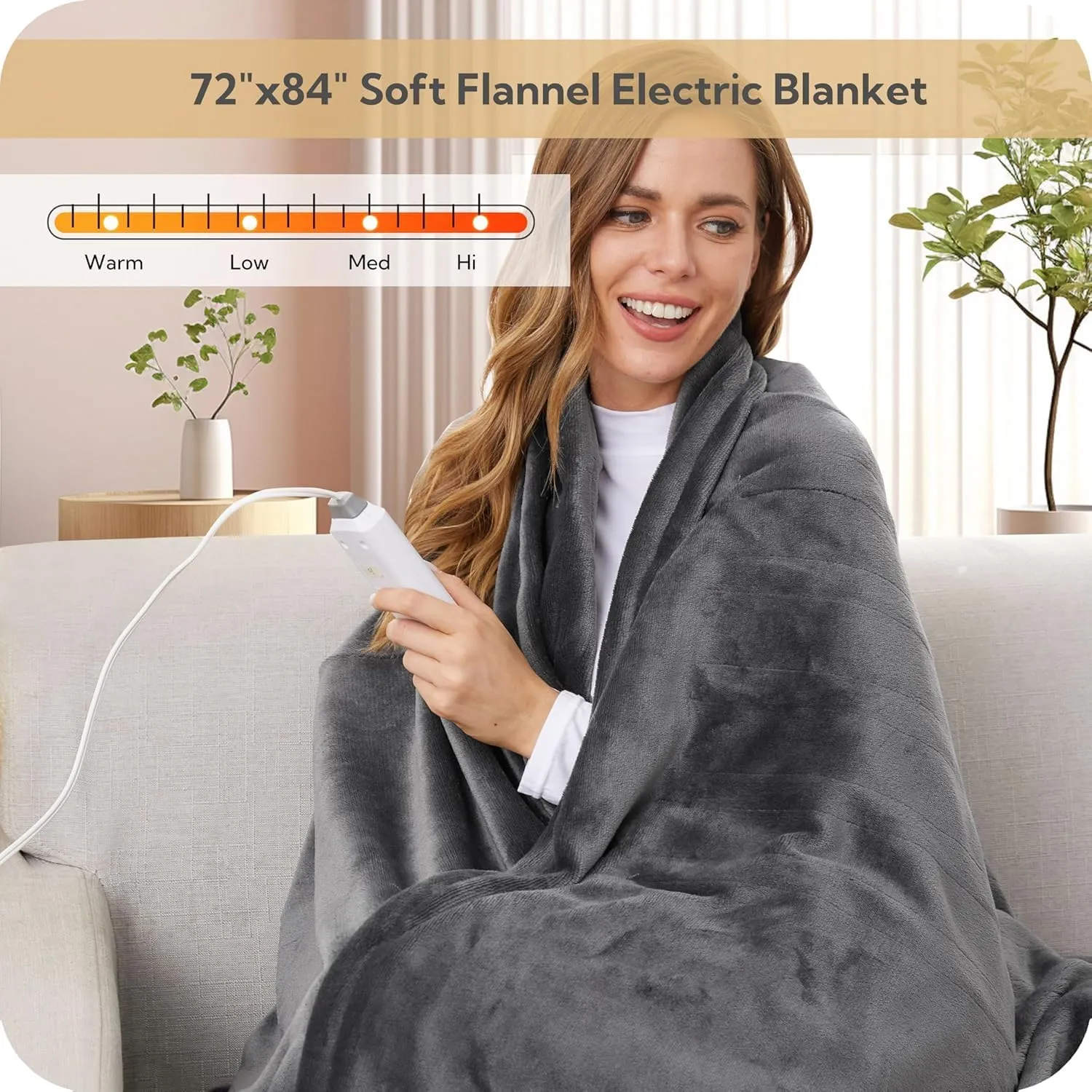 SUNNY HEAT Electric Heated Blanket 72"x84" Full Size Cozy Warm Double Sided Flannel with 4 Heating Levels & 10H Shut Off, Machine Washable Soft Blanket for Bed & Office, Light Grey