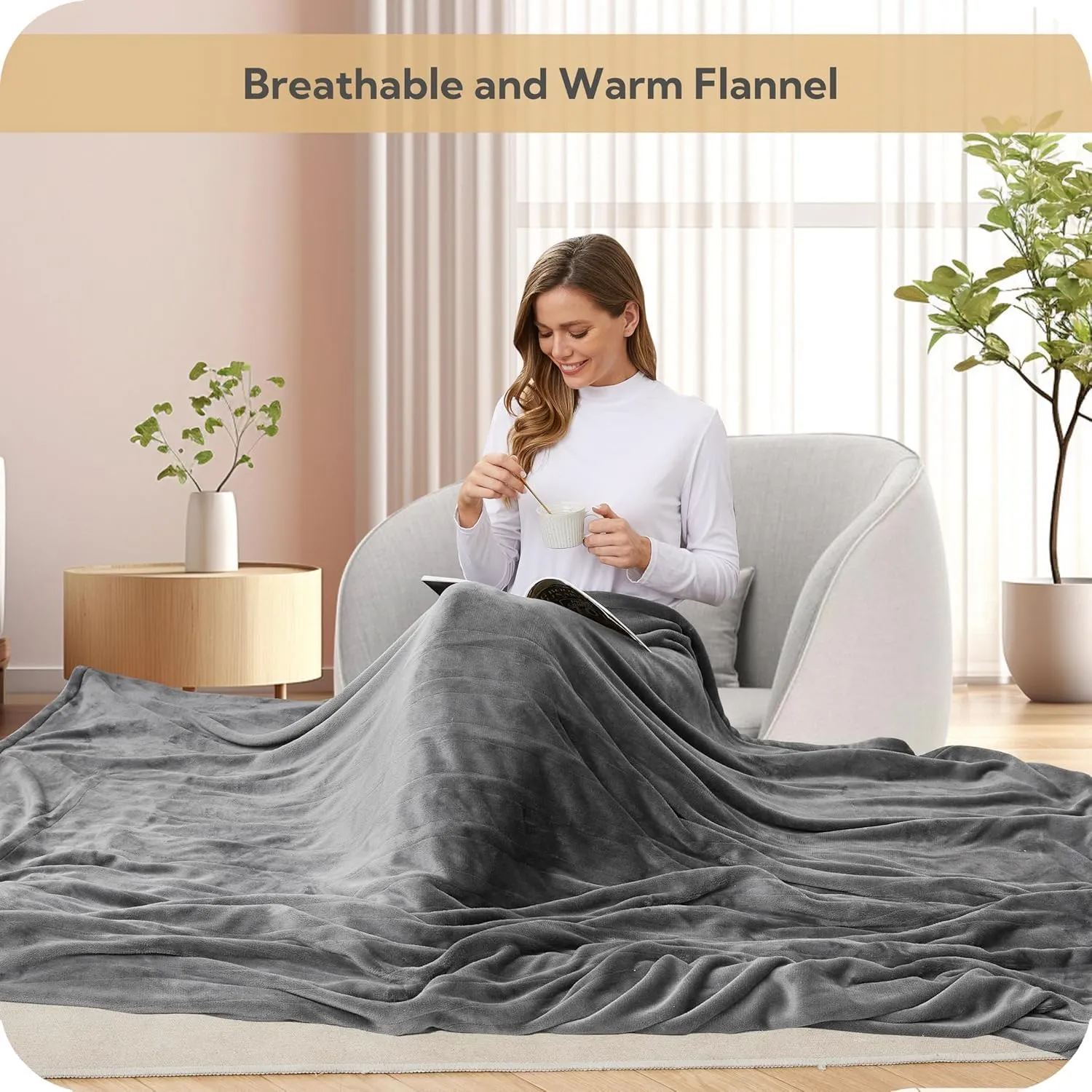SUNNY HEAT Electric Heated Blanket 72"x84" Full Size Cozy Warm Double Sided Flannel with 4 Heating Levels & 10H Shut Off, Machine Washable Soft Blanket for Bed & Office, Light Grey