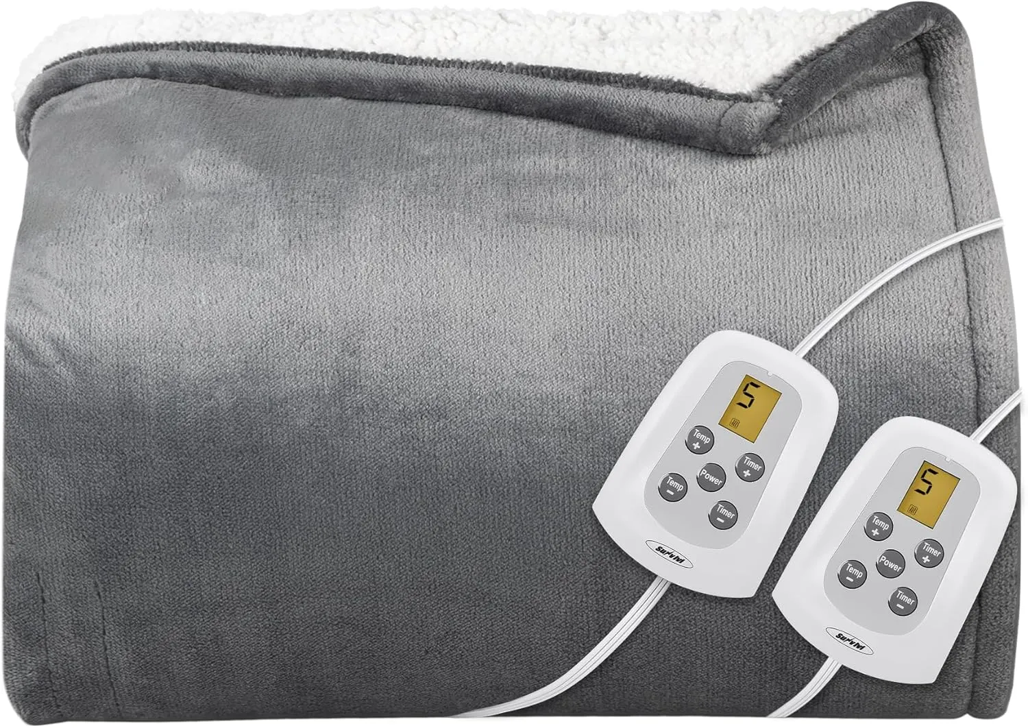 Sunvivi Heated Blanket Queen Size, Electric Throw Dual Control, 5 Years Warranty, 10 Heat Settings, 12 Hours Auto Off, Soft Flannel and Sherpa, Machine Washable, ETL Certified, Grey