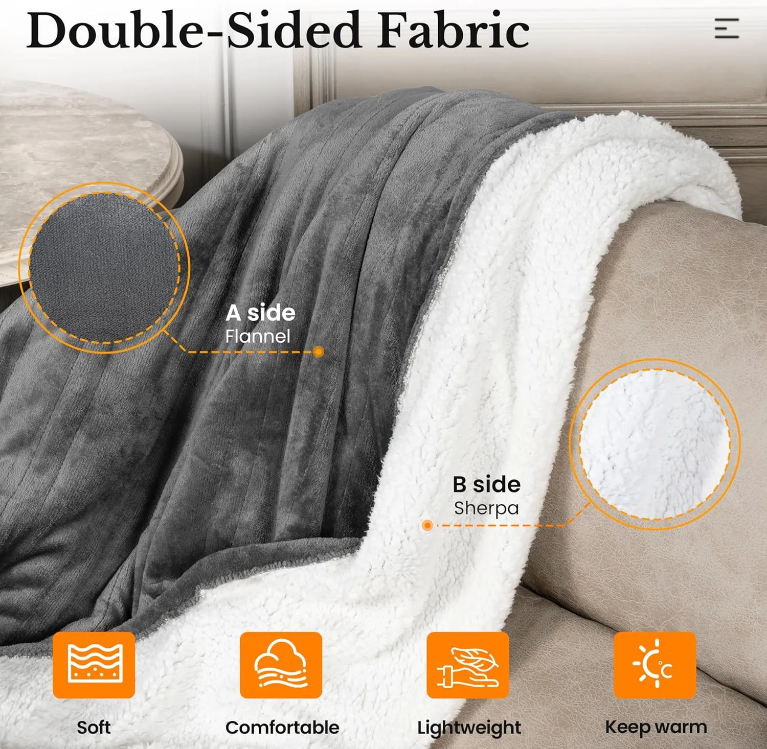 Sunvivi Heated Blanket Queen Size, Electric Throw Dual Control, 5 Years Warranty, 10 Heat Settings, 12 Hours Auto Off, Soft Flannel and Sherpa, Machine Washable, ETL Certified, Grey