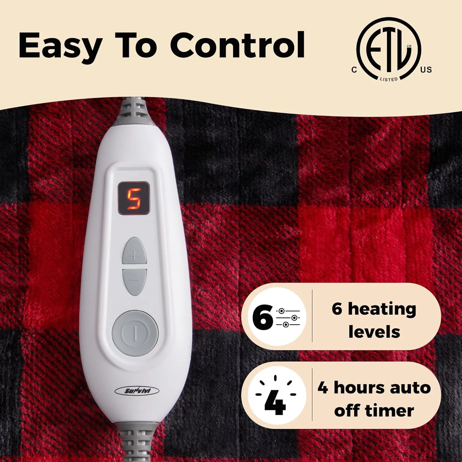 Sunvivi Heated Throw 50" x 60", Electric Blanket Double-Layer Flannel with 4 Heating Settings, 4 Hours Auto Off, 5 Years Warranty, ETL Certified, Machine Washable, Black & Red