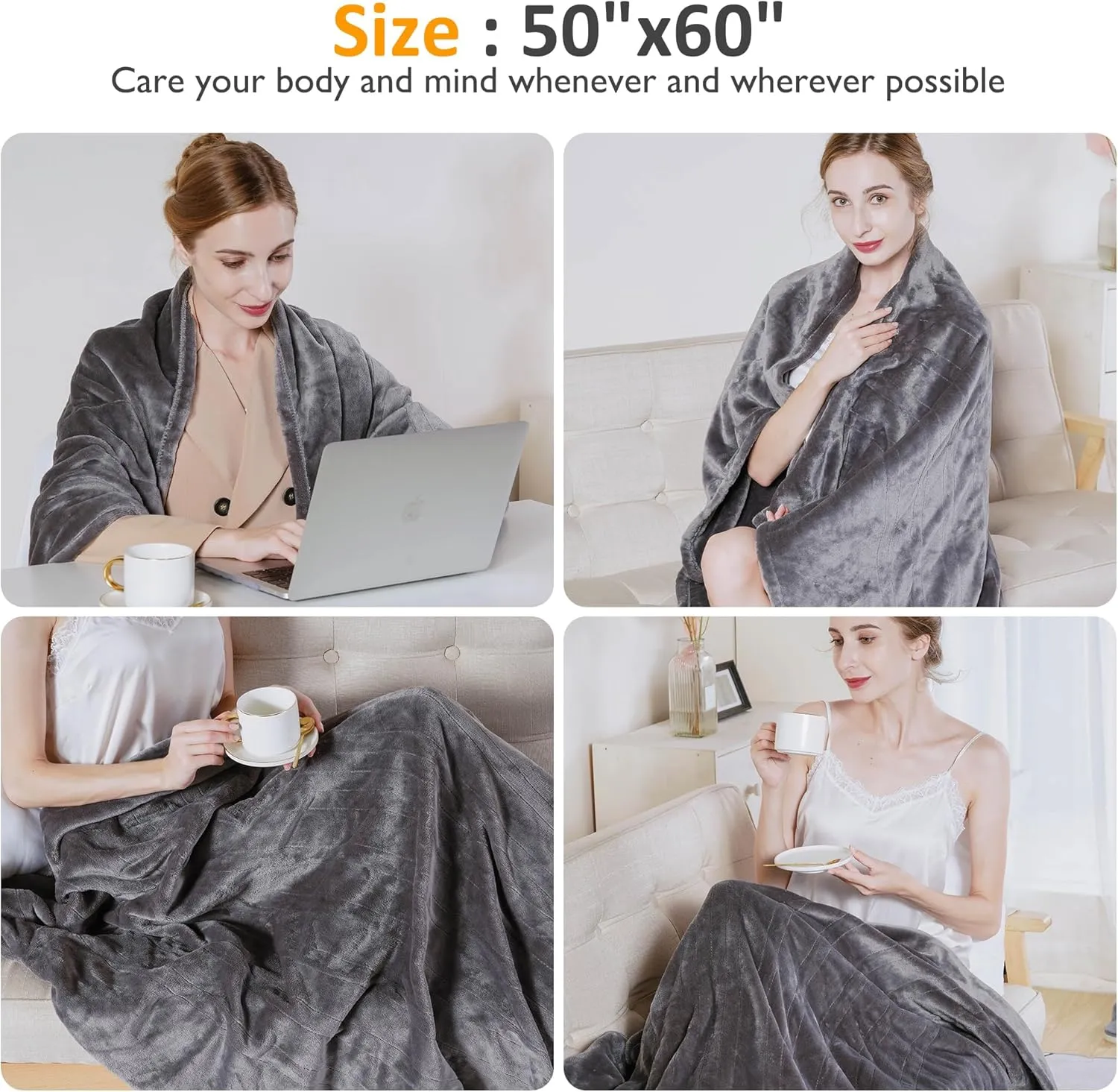 Sunvivi Heated Throw, Electric Blanket Throw 50" x 60", Double-Layer Flannel with 4 Heating Settings, 4 Hours Auto Off, 5 Years Warranty, ETL Certified, Machine Washable, Grey