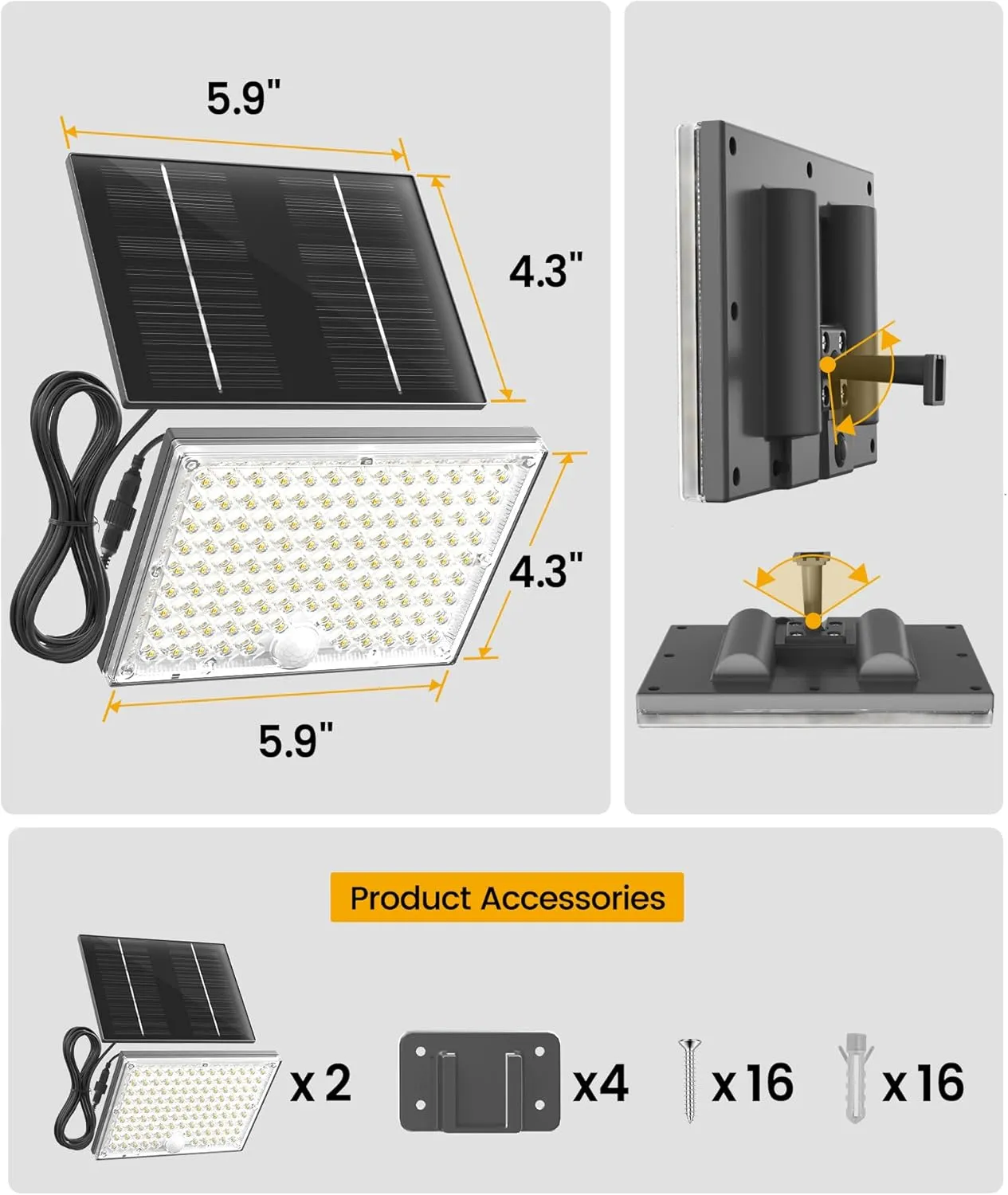 SUPERDANNY Solar Outside Lights with 113 Bright LEDs 7000K, Motion Sensor Outdoor Flood Lights Dusk to Dawn with 16ft Cable IP65 Waterproof, Security Light for Garden Barn Porch 2 Pack