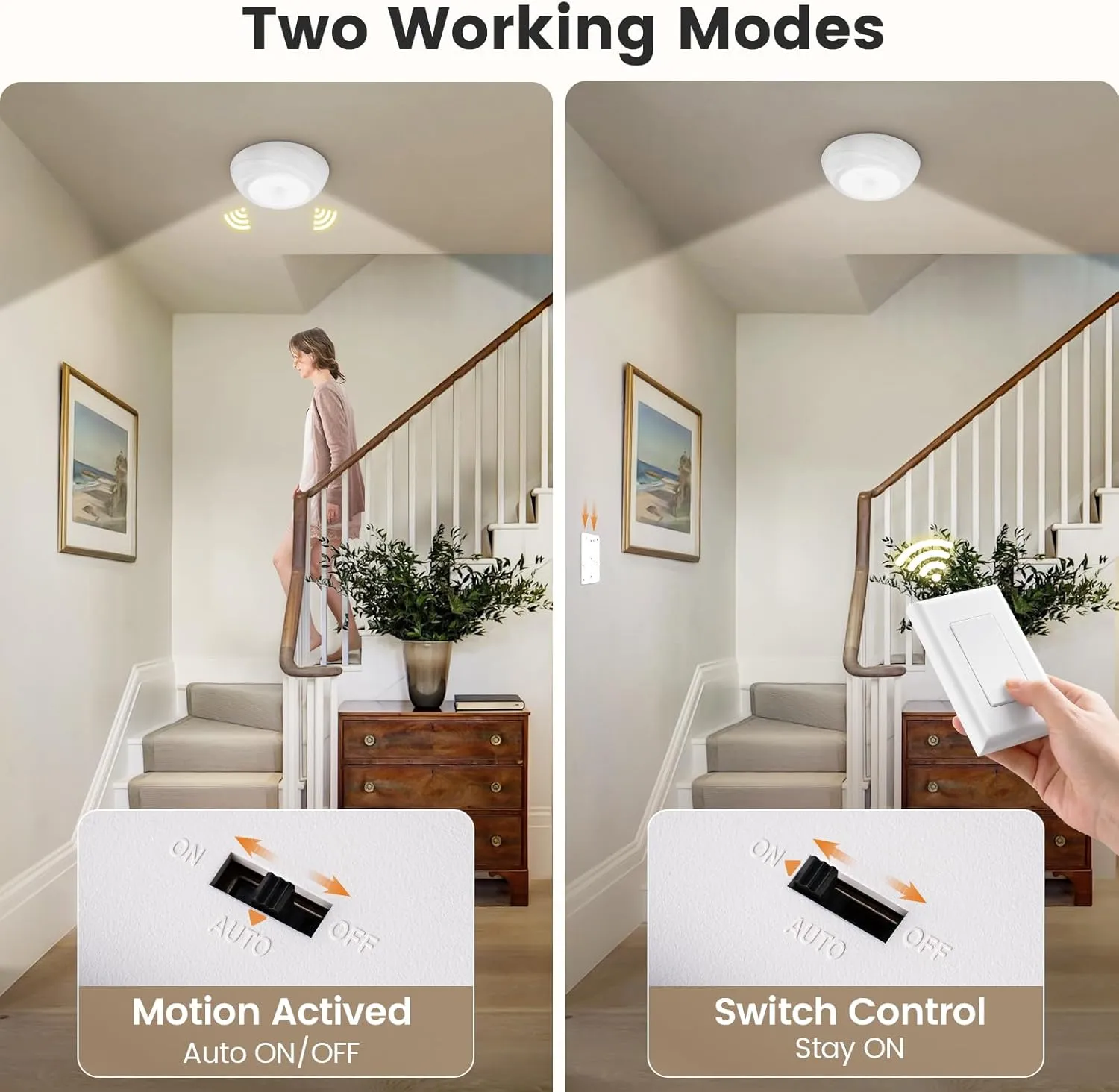 SURAIELEC Battery Ceiling Light with Wall Switch, Motion Sensor Light Indoor, Wireless Wall Switch Remote, 6500K, 300LM, Battery Powered Ceiling Light for Closet, Pantry, Laundry, and Shed, 1-Pack