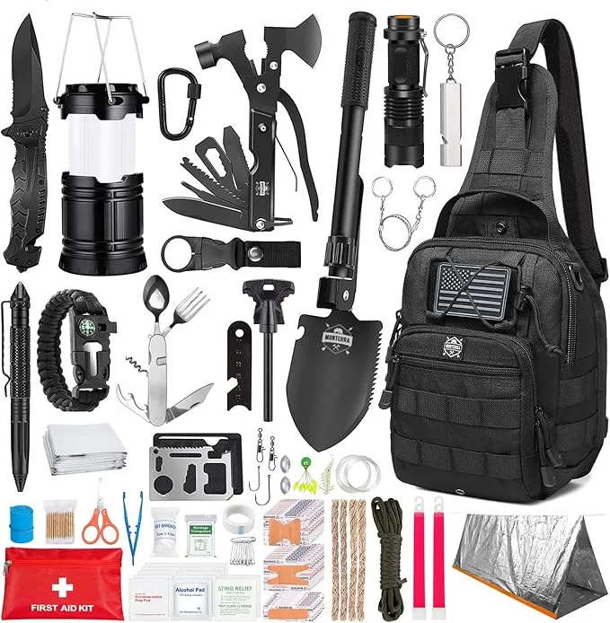 Survival Kit, 265 Pcs, First Aid Kit, Bug Out Bag, Hiking Gear Essentials, Emergency Outdoor Gear and Equipment, Molle System, EDC, Camping Accessories, Hunting, Gifts for Men.