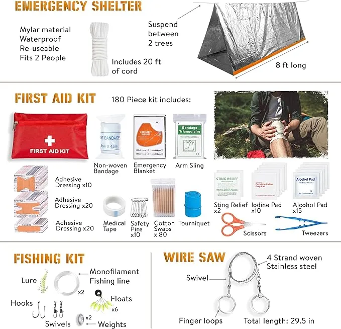 Survival Kit, 265 Pcs, First Aid Kit, Bug Out Bag, Hiking Gear Essentials, Emergency Outdoor Gear and Equipment, Molle System, EDC, Camping Accessories, Hunting, Gifts for Men.
