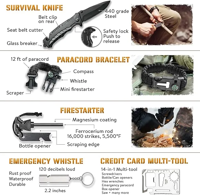 Survival Kit, 265 Pcs, First Aid Kit, Bug Out Bag, Hiking Gear Essentials, Emergency Outdoor Gear and Equipment, Molle System, EDC, Camping Accessories, Hunting, Gifts for Men.