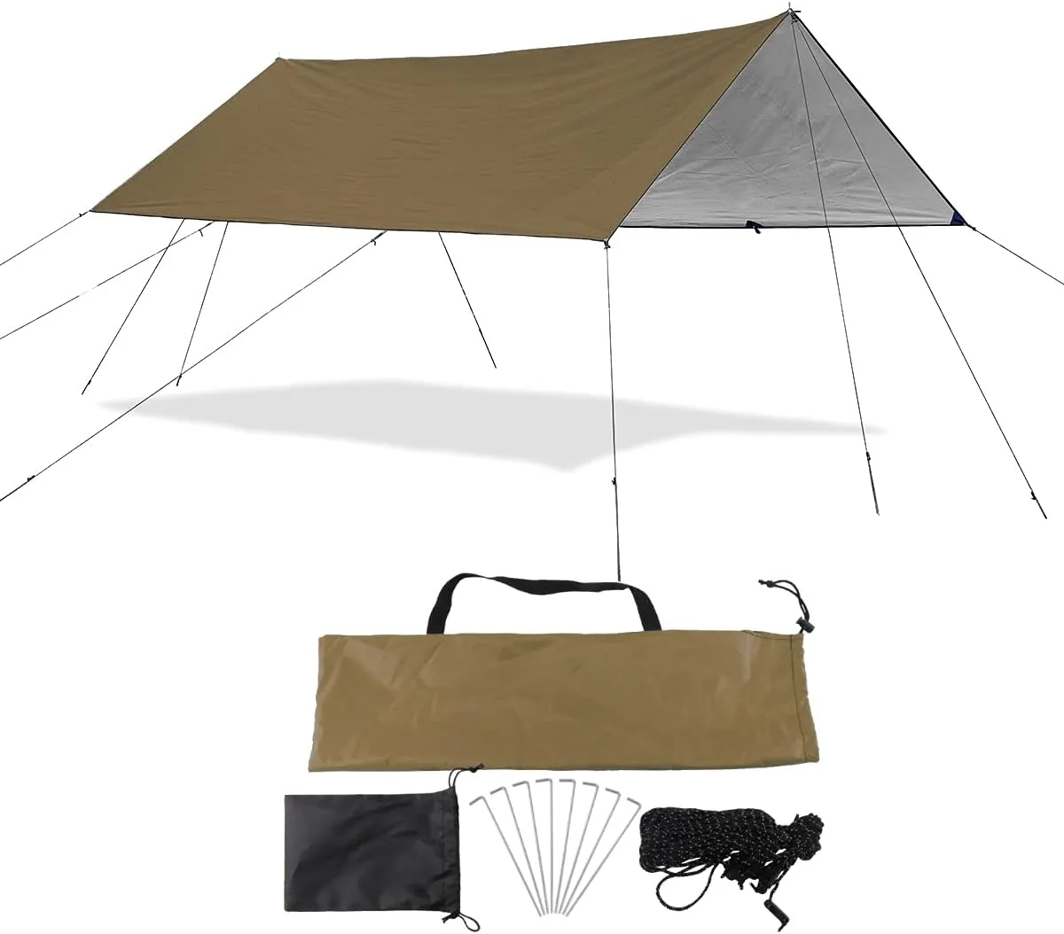 Sutekus Camping Tarp Rain Fly Tarp Waterproof Tent Tarp Lightweight Ripstop Fabric 12FT Extra Large Tarp (Khaki)