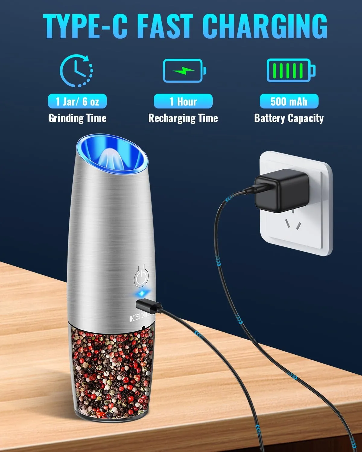 Sweet Alice Rechargeable Electric Pepper and Salt Grinder Set, No Battery Needed, whit Gravity Sensing Switch and LED Light, One Hand Automatic Operation, Sliver 2 Pack