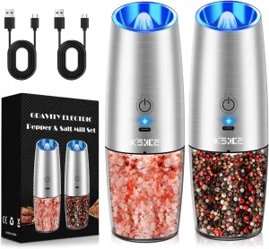 Sweet Alice Rechargeable Electric Pepper and Salt Grinder Set, No Battery Needed, whit Gravity Sensing Switch and LED Light, One Hand Automatic Operation, Sliver 2 Pack