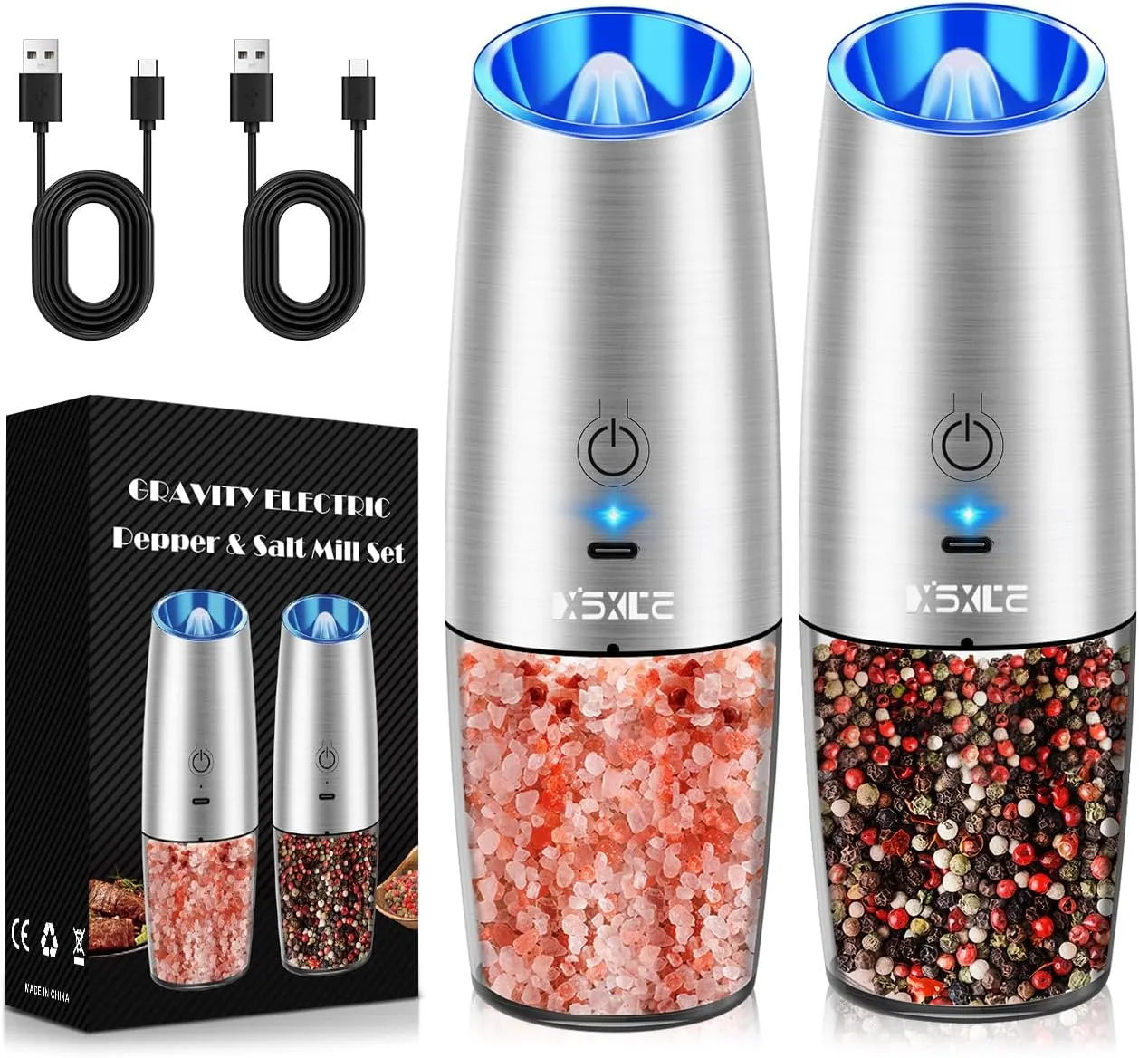 Sweet Alice Rechargeable Electric Pepper and Salt Grinder Set, No Battery Needed, whit Gravity Sensing Switch and LED Light, One Hand Automatic Operation, Sliver 2 Pack
