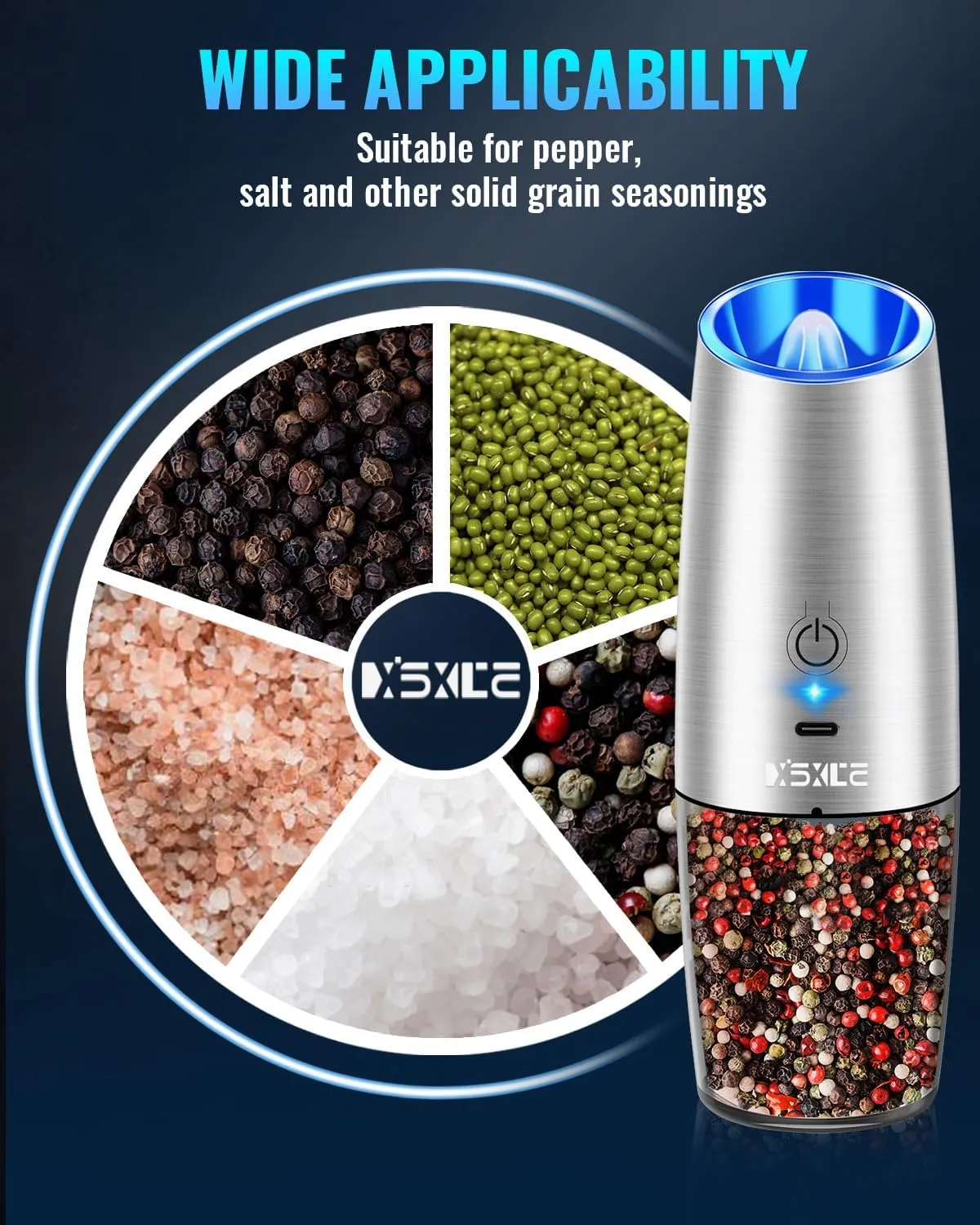 Sweet Alice Rechargeable Electric Pepper and Salt Grinder Set, No Battery Needed, whit Gravity Sensing Switch and LED Light, One Hand Automatic Operation, Sliver 2 Pack