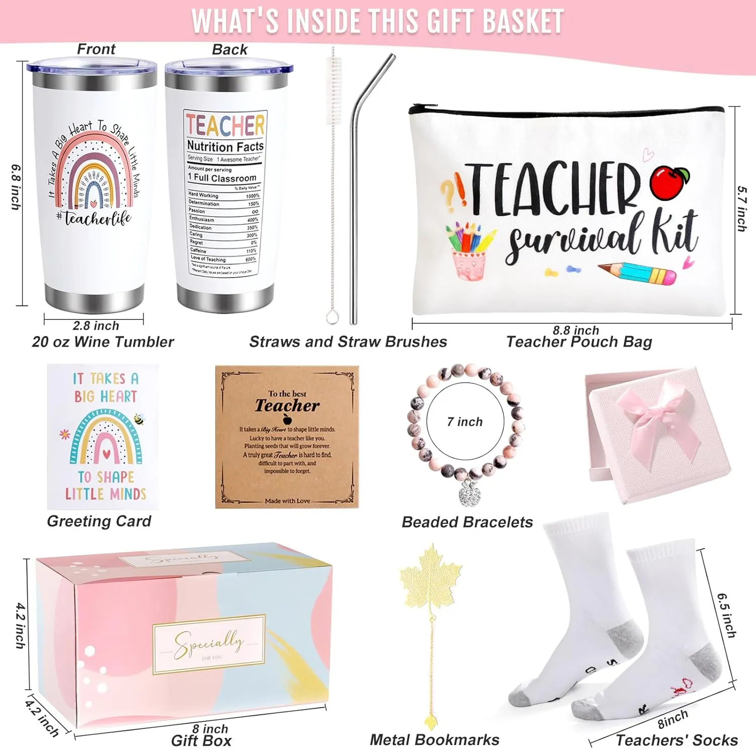 Teacher Appreciation Gifts: 20 OZ Tumbler, Pouch Bag, Socks & Thank You Basket Box for Birthday/Christmas & Back to School