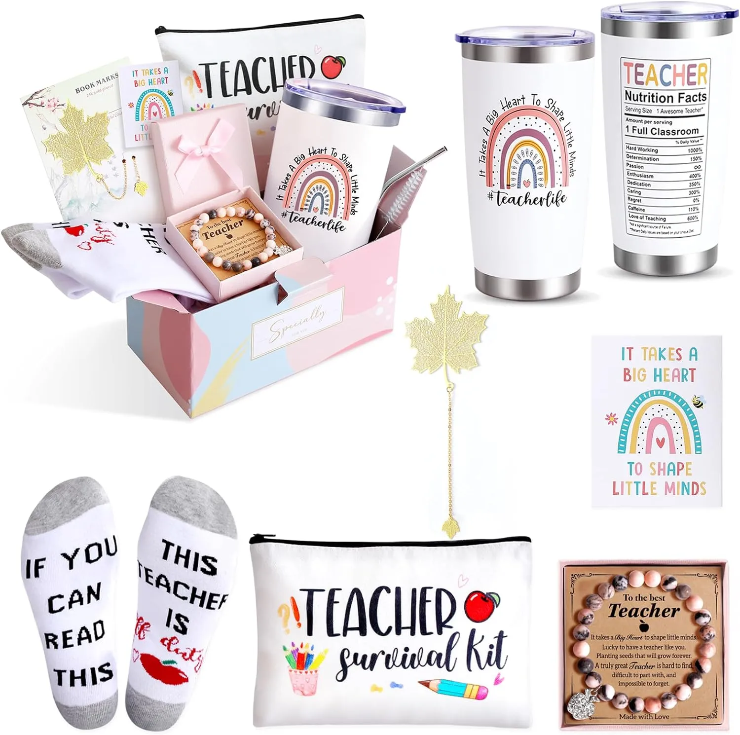 Teacher Appreciation Gifts: 20 OZ Tumbler, Pouch Bag, Socks & Thank You Basket Box for Birthday/Christmas & Back to School