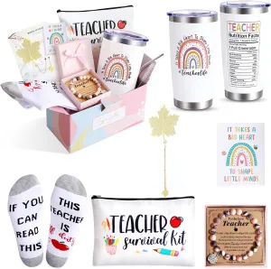 Teacher Appreciation Gifts: 20 OZ Tumbler, Pouch Bag, Socks & Thank You Basket Box for Birthday/Christmas & Back to School