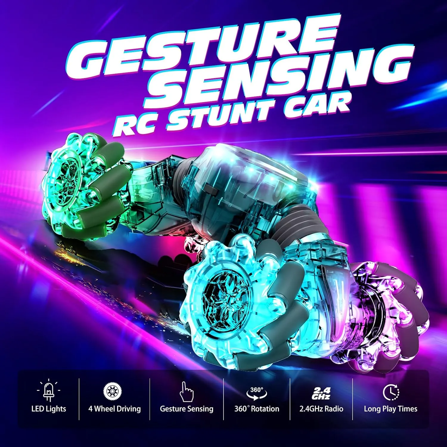 Tecnock Remote Control Car for Boys Girls, 2.4GHz 4WD Gesture Sensing RC Stunt Car Toys - 360° Rotating Double Sided Hand Controlled RC Cars with LED Lights, Gifts for Kids