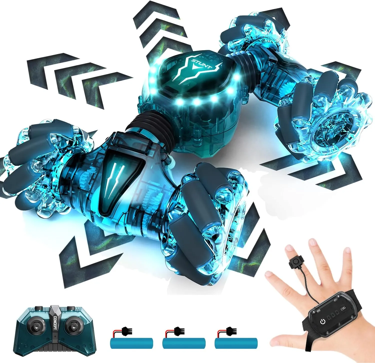 Tecnock Remote Control Car for Boys Girls, 2.4GHz 4WD Gesture Sensing RC Stunt Car Toys - 360° Rotating Double Sided Hand Controlled RC Cars with LED Lights, Gifts for Kids