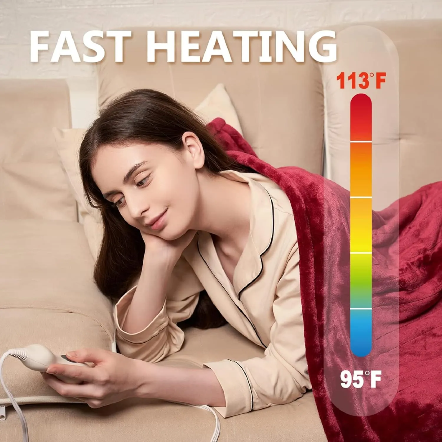 Tefici Electric Heated Blanket Throw, Super Cozy Soft 2-Layer Flannel 50" x 60" Heated Throw with 3 Heating Levels & 4 Hours Auto Off, Machine Washable, ETL&FCC Certified, Home Office Use, Red