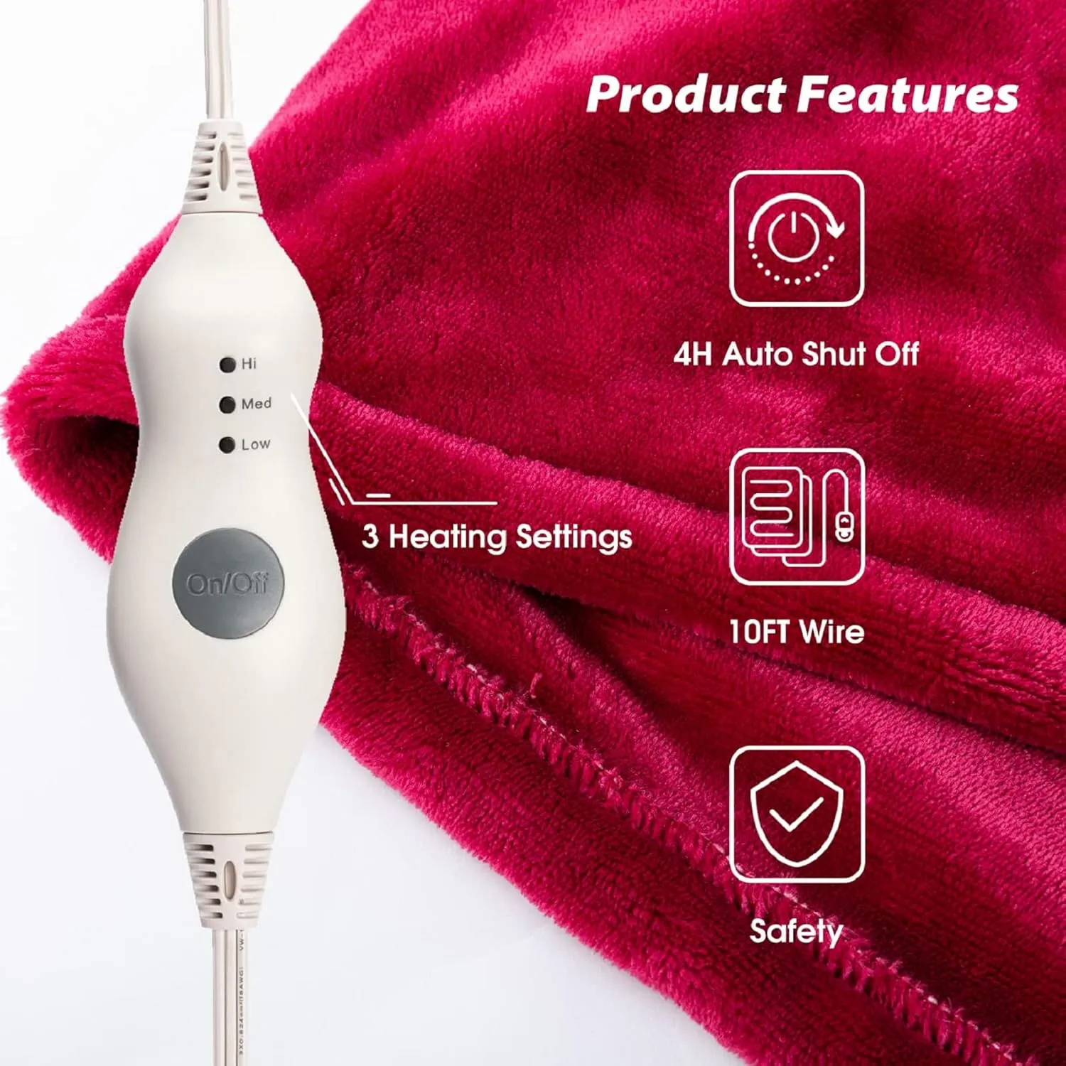 Tefici Electric Heated Blanket Throw, Super Cozy Soft 2-Layer Flannel 50" x 60" Heated Throw with 3 Heating Levels & 4 Hours Auto Off, Machine Washable, ETL&FCC Certified, Home Office Use, Red