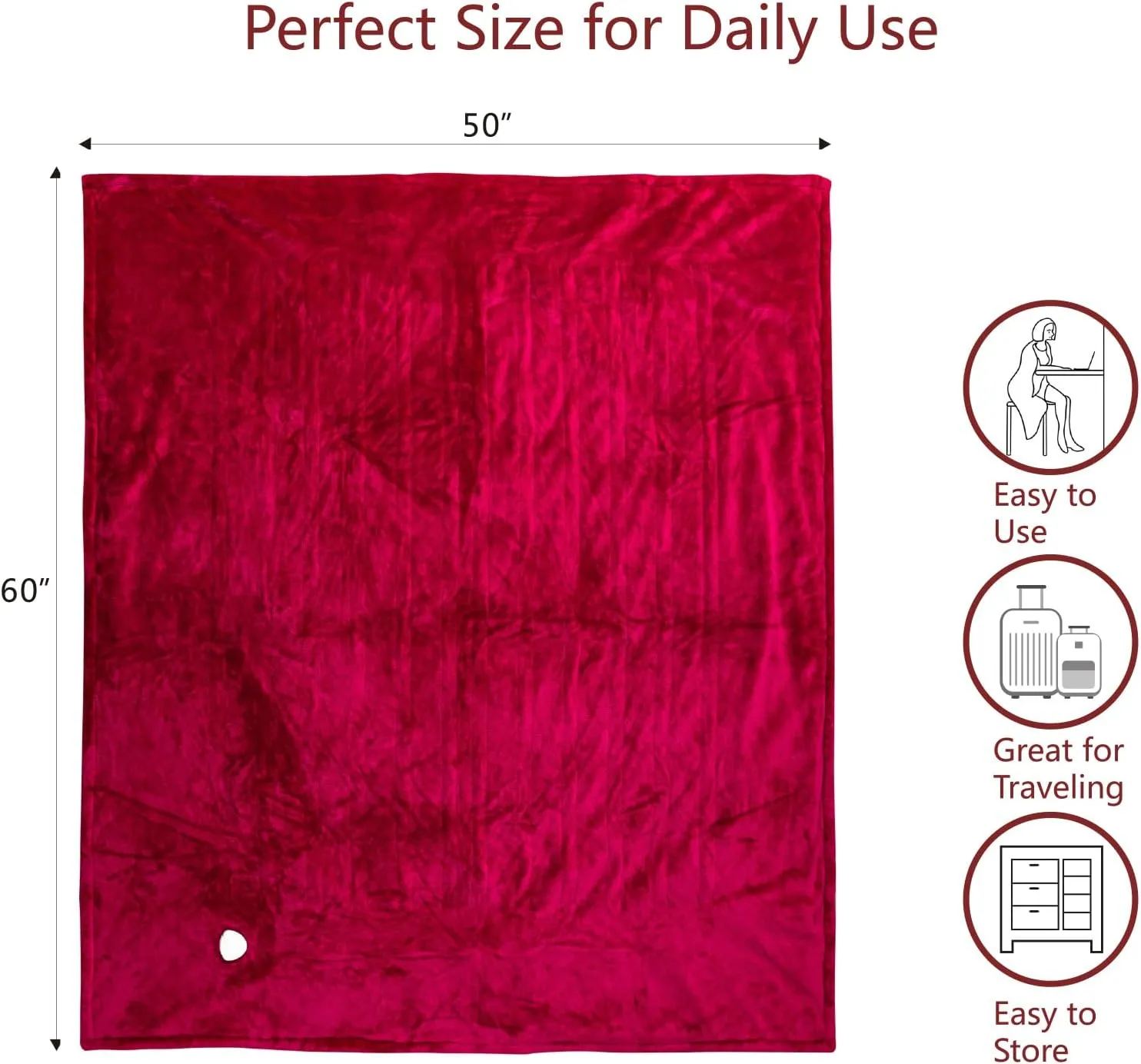 Tefici Electric Heated Blanket Throw, Super Cozy Soft 2-Layer Flannel 50" x 60" Heated Throw with 3 Heating Levels & 4 Hours Auto Off, Machine Washable, ETL&FCC Certified, Home Office Use, Red
