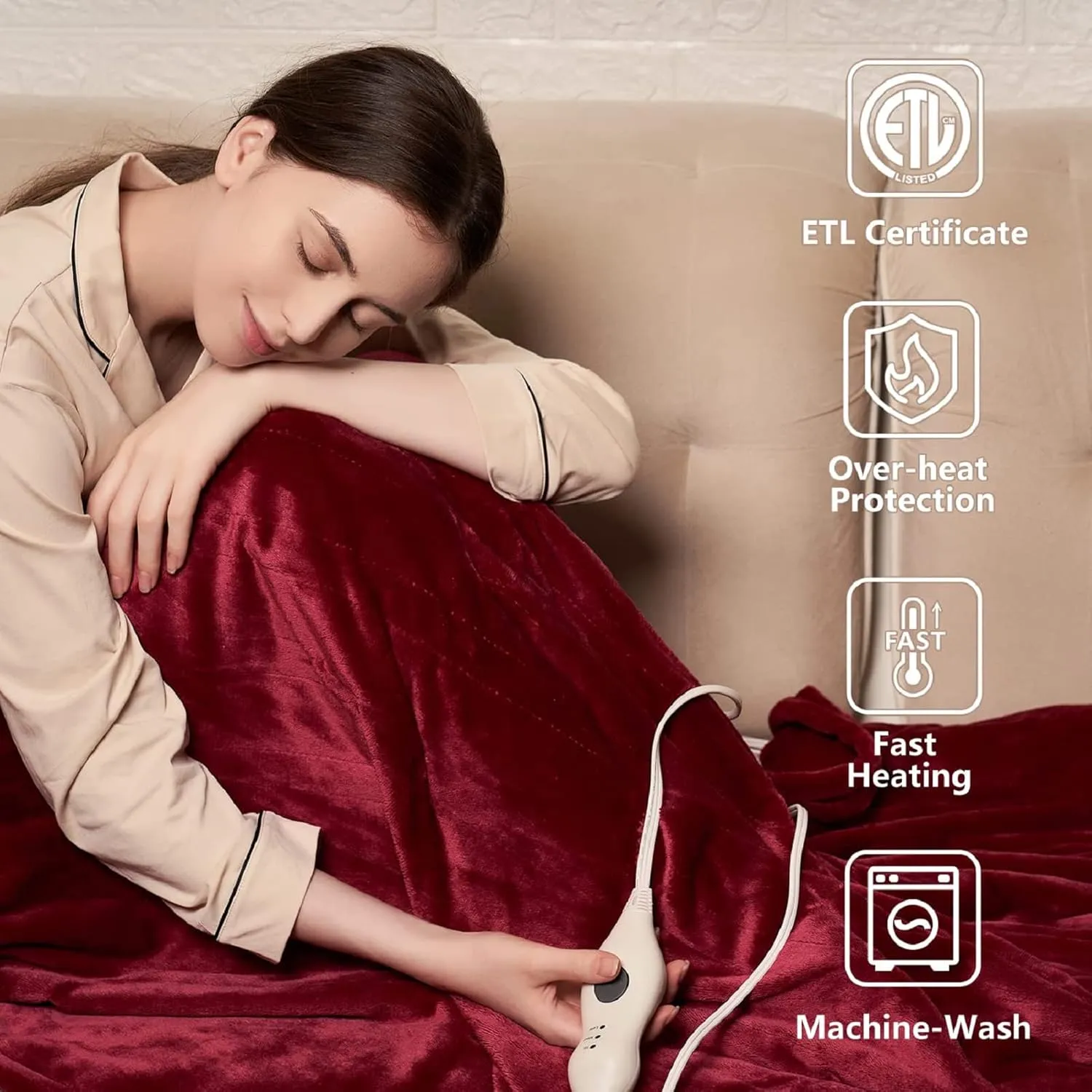 Tefici Electric Heated Blanket Throw, Super Cozy Soft 2-Layer Flannel 50" x 60" Heated Throw with 3 Heating Levels & 4 Hours Auto Off, Machine Washable, ETL&FCC Certified, Home Office Use, Red
