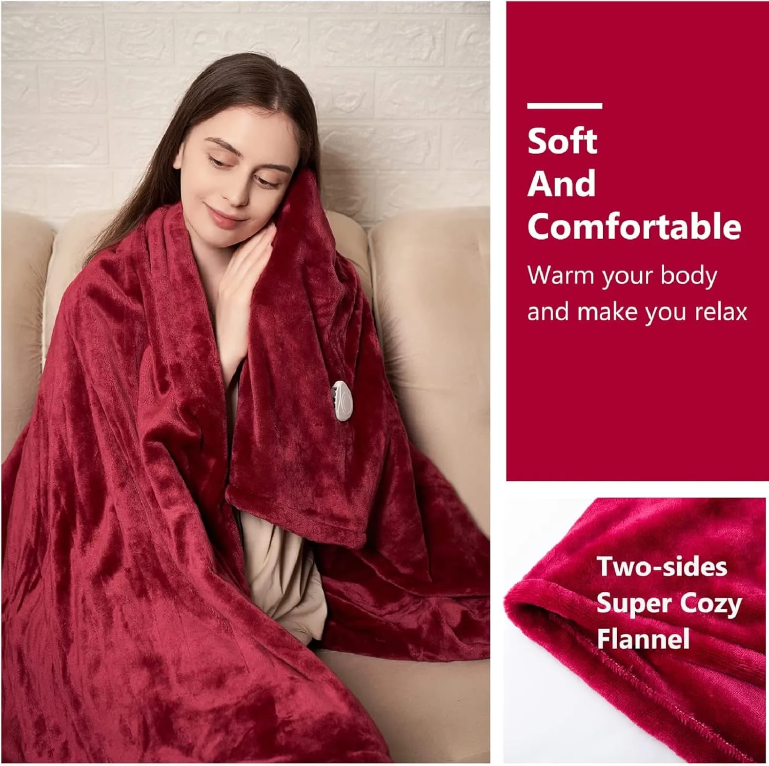 Tefici Electric Heated Blanket Throw, Super Cozy Soft 2-Layer Flannel 50" x 60" Heated Throw with 3 Heating Levels & 4 Hours Auto Off, Machine Washable, ETL&FCC Certified, Home Office Use, Red