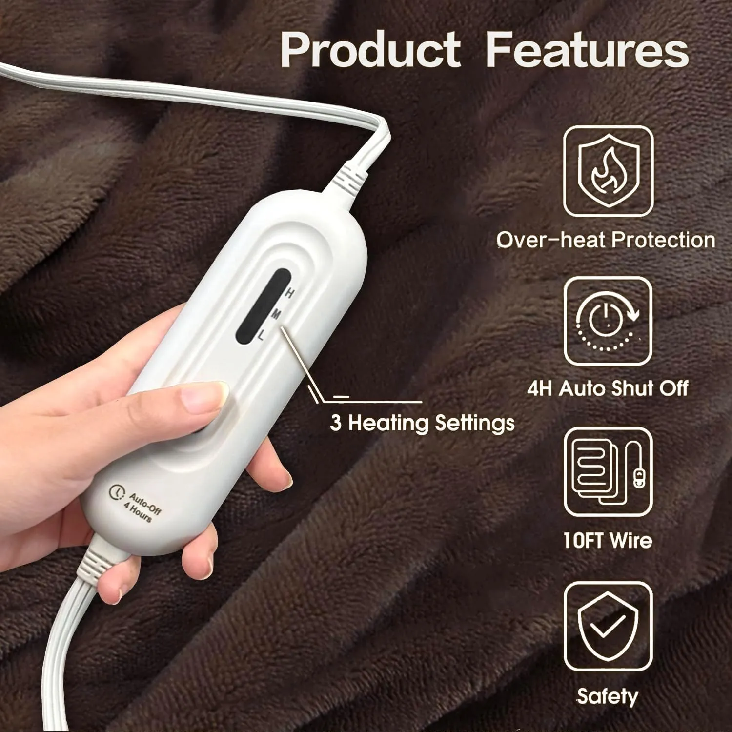 Tefici Electric Heated Blanket Throw, Super Cozy Soft 2-Layer Flannel 50" x 60" Heated Throw with 3 Heating Levels & 4 Hours Auto Off, Machine Washable, ETL&FCC Certified, Home Office Use,Brown