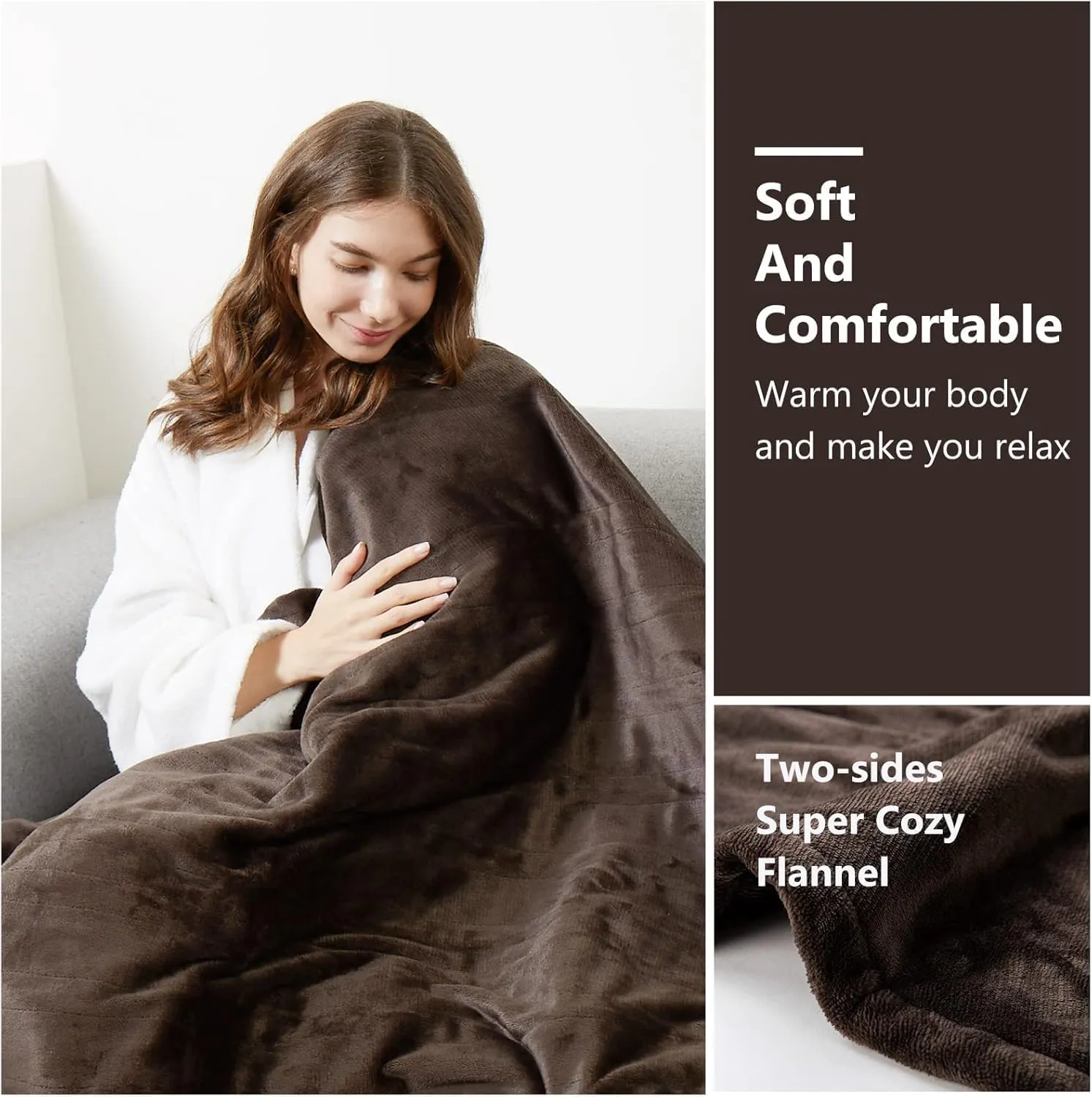 Tefici Electric Heated Blanket Throw, Super Cozy Soft 2-Layer Flannel 50" x 60" Heated Throw with 3 Heating Levels & 4 Hours Auto Off, Machine Washable, ETL&FCC Certified, Home Office Use,Brown